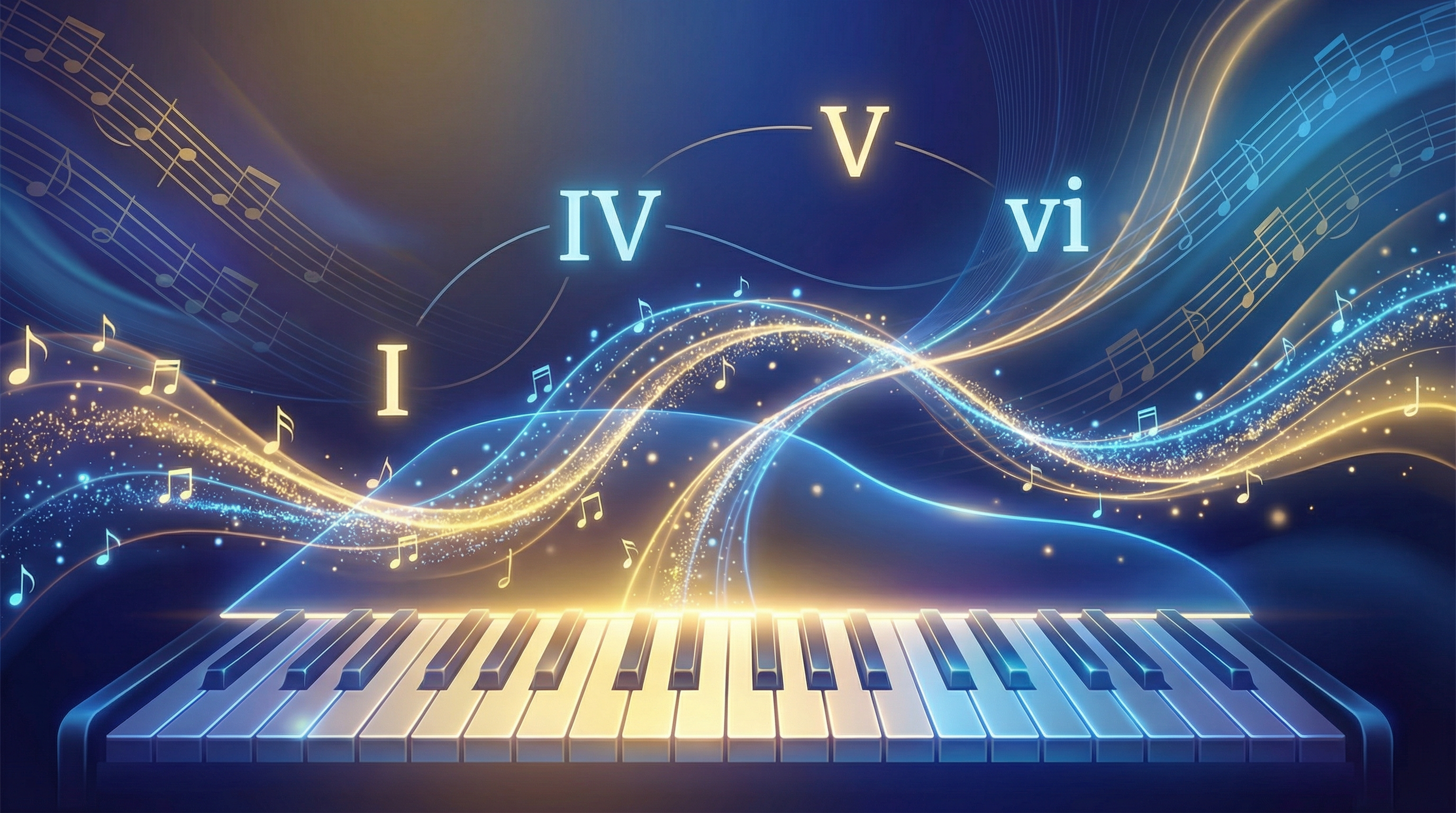 An artistic representation of harmony, showing the relationship between chords I, IV, V, and vi.