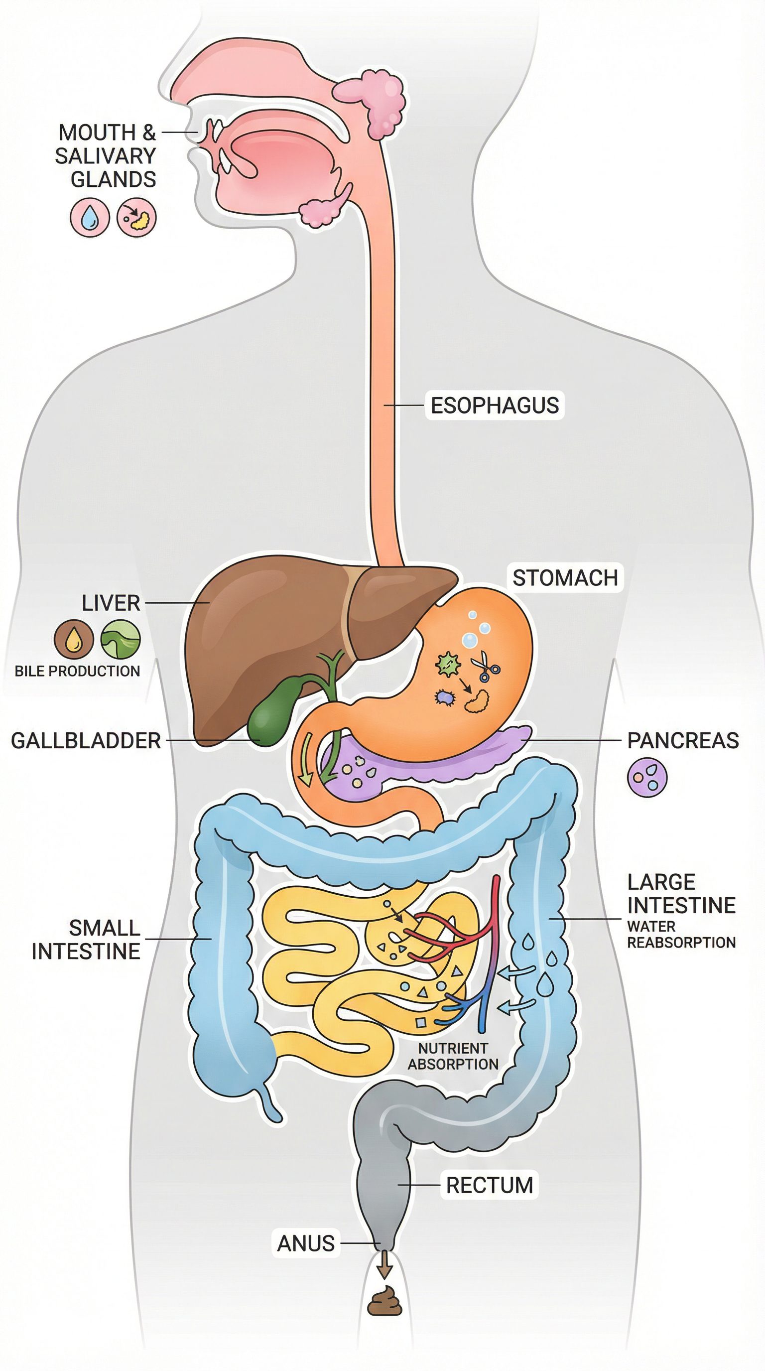 The major organs of the human digestive system, from the mouth to the anus.