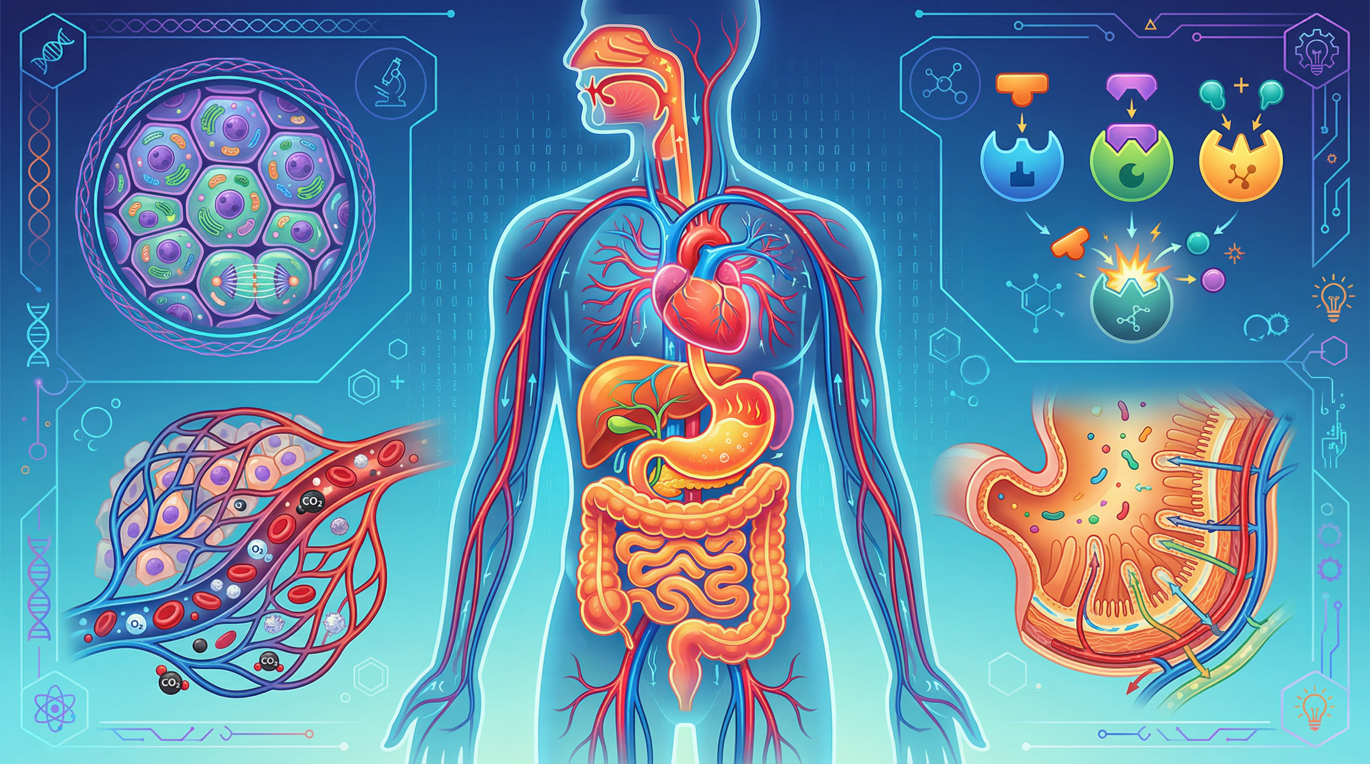 An overview of the major organ systems and cellular structures in the human body.