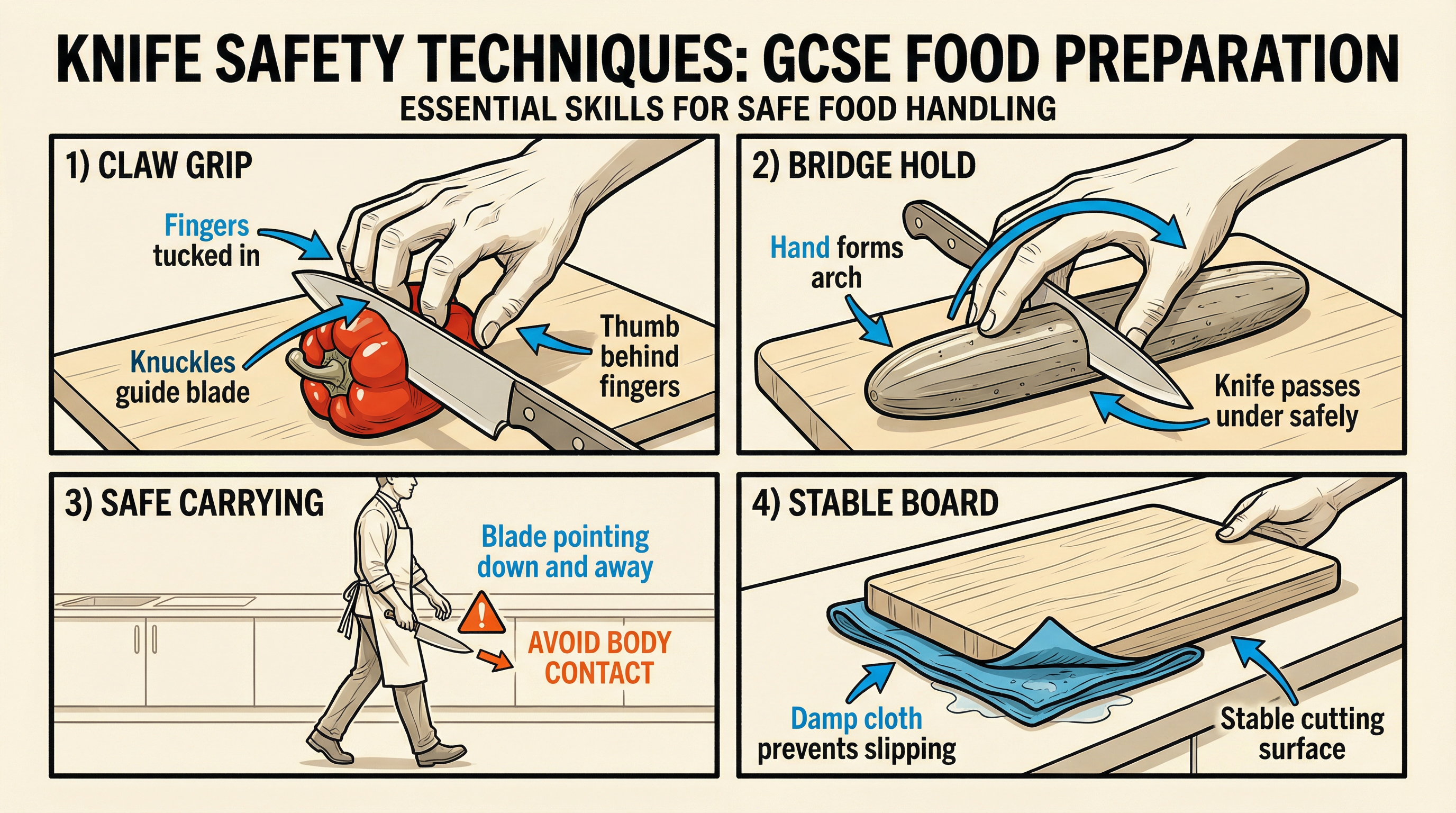 Master the Claw Grip and Bridge Hold to ensure safety in the kitchen.