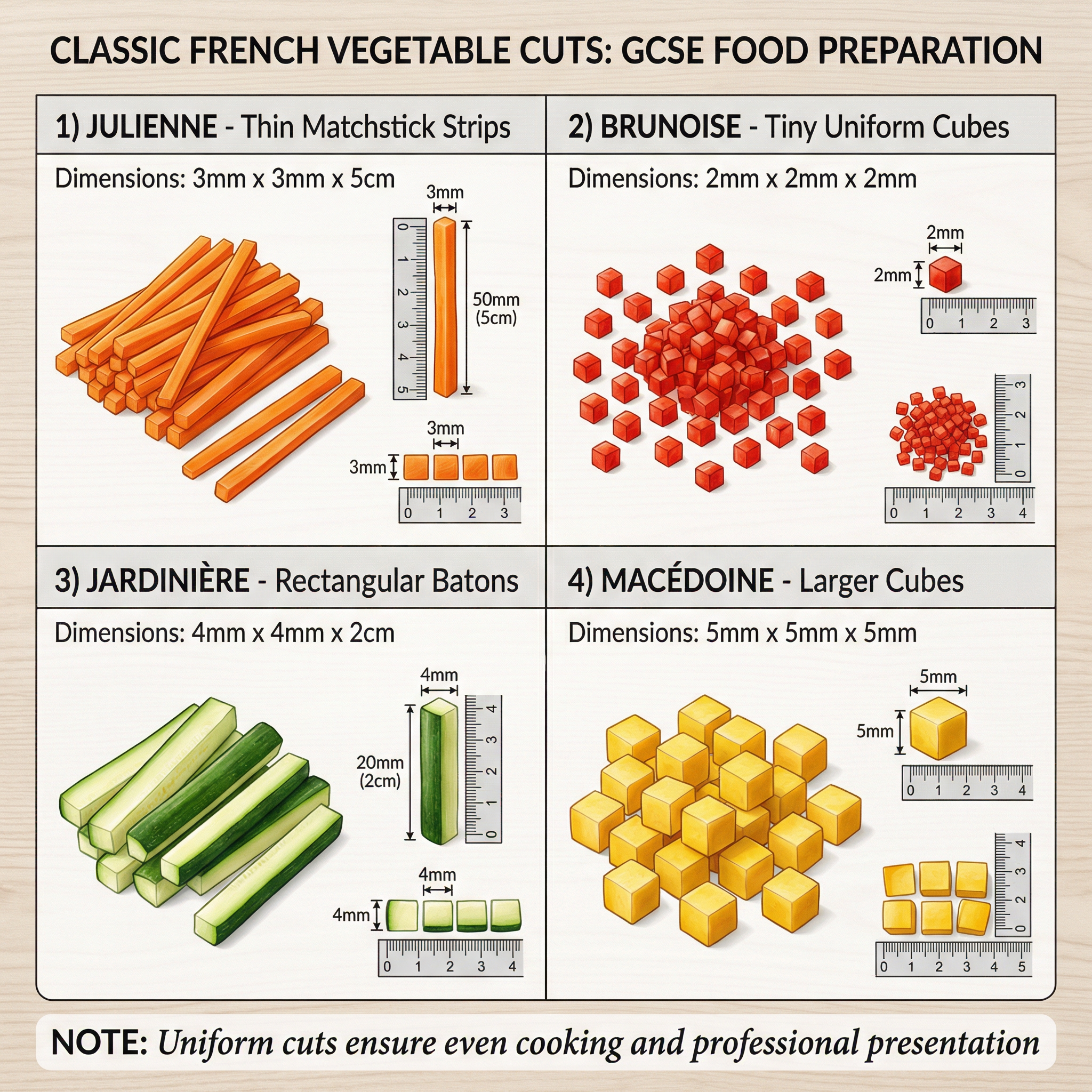 Reference chart for Julienne, Brunoise, Jardinière, and Macédoine cuts.