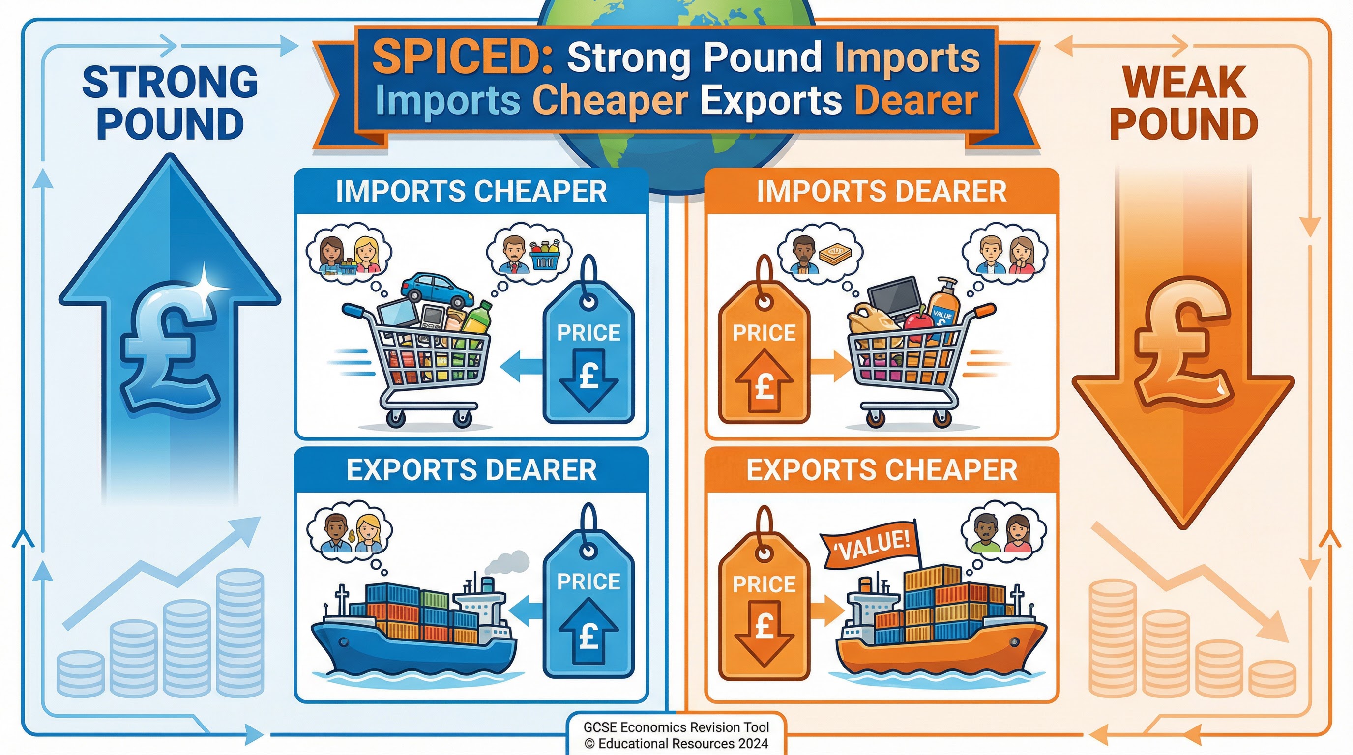 Remember SPICED: Strong Pound, Imports Cheaper, Exports Dearer.