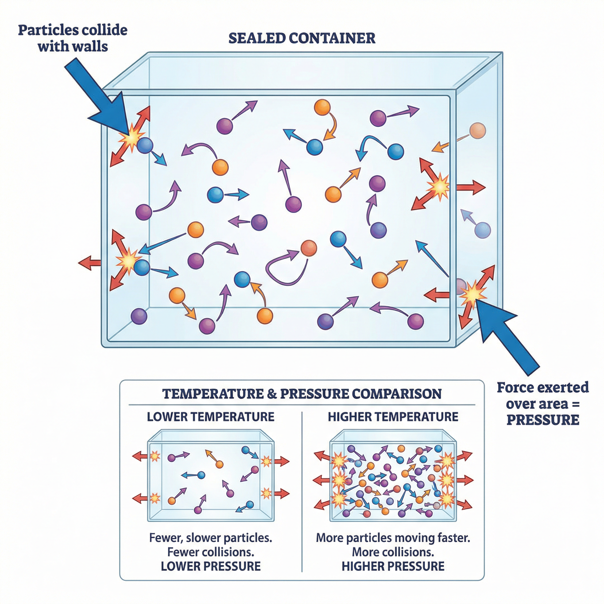 Gas pressure is caused by particles colliding with the walls of the container. Higher temperature leads to more frequent and forceful collisions, increasing pressure.
