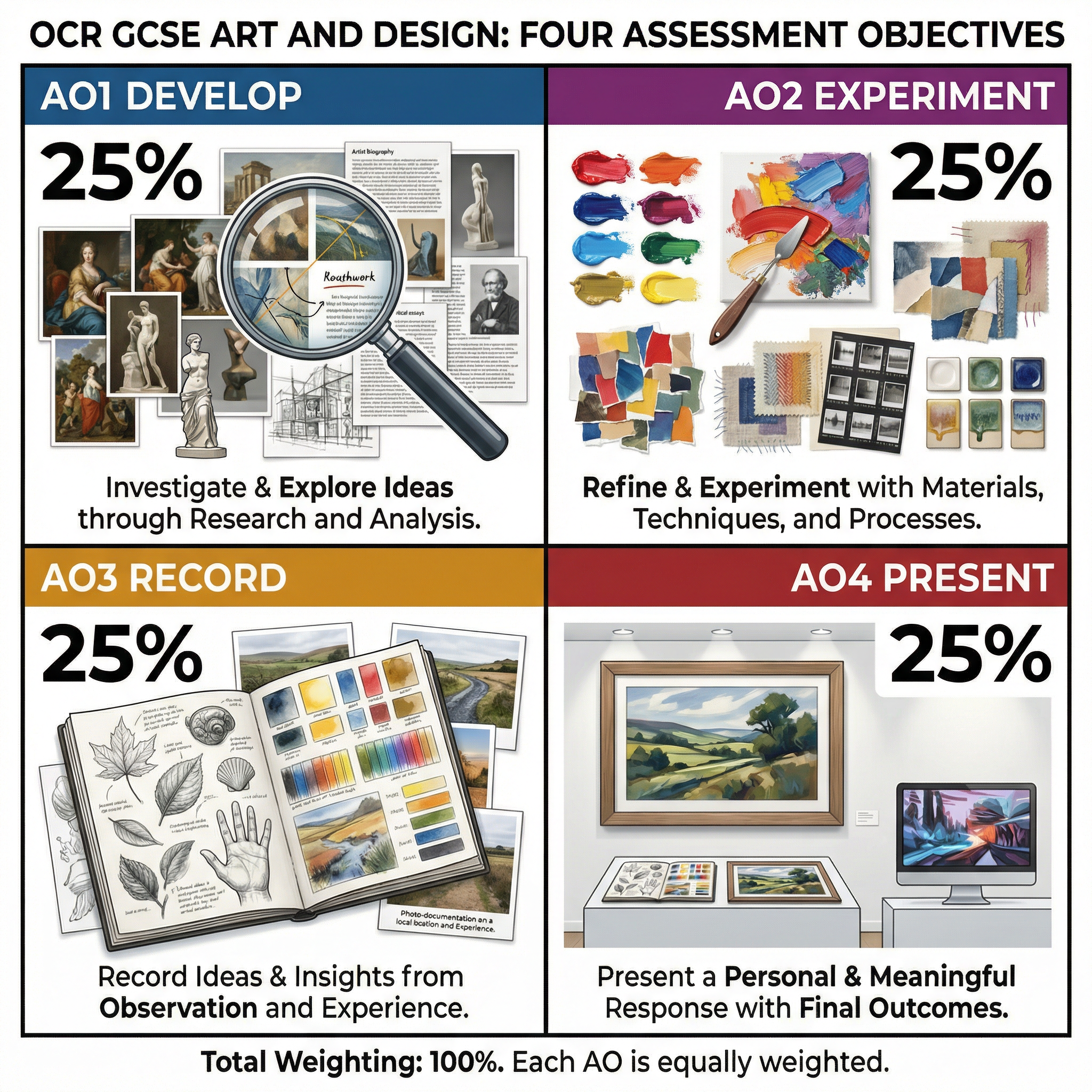 The four Assessment Objectives are equally weighted at 25% each.
