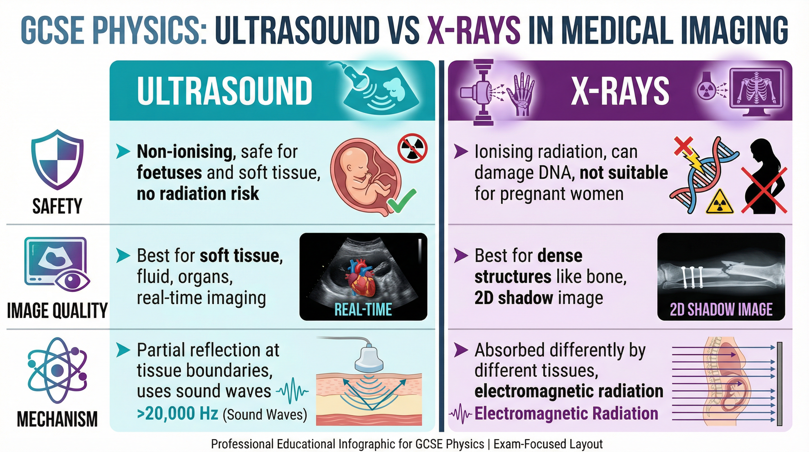 Ultrasound vs X-rays: use the SIM structure (Safety, Image, Mechanism) for comparison questions