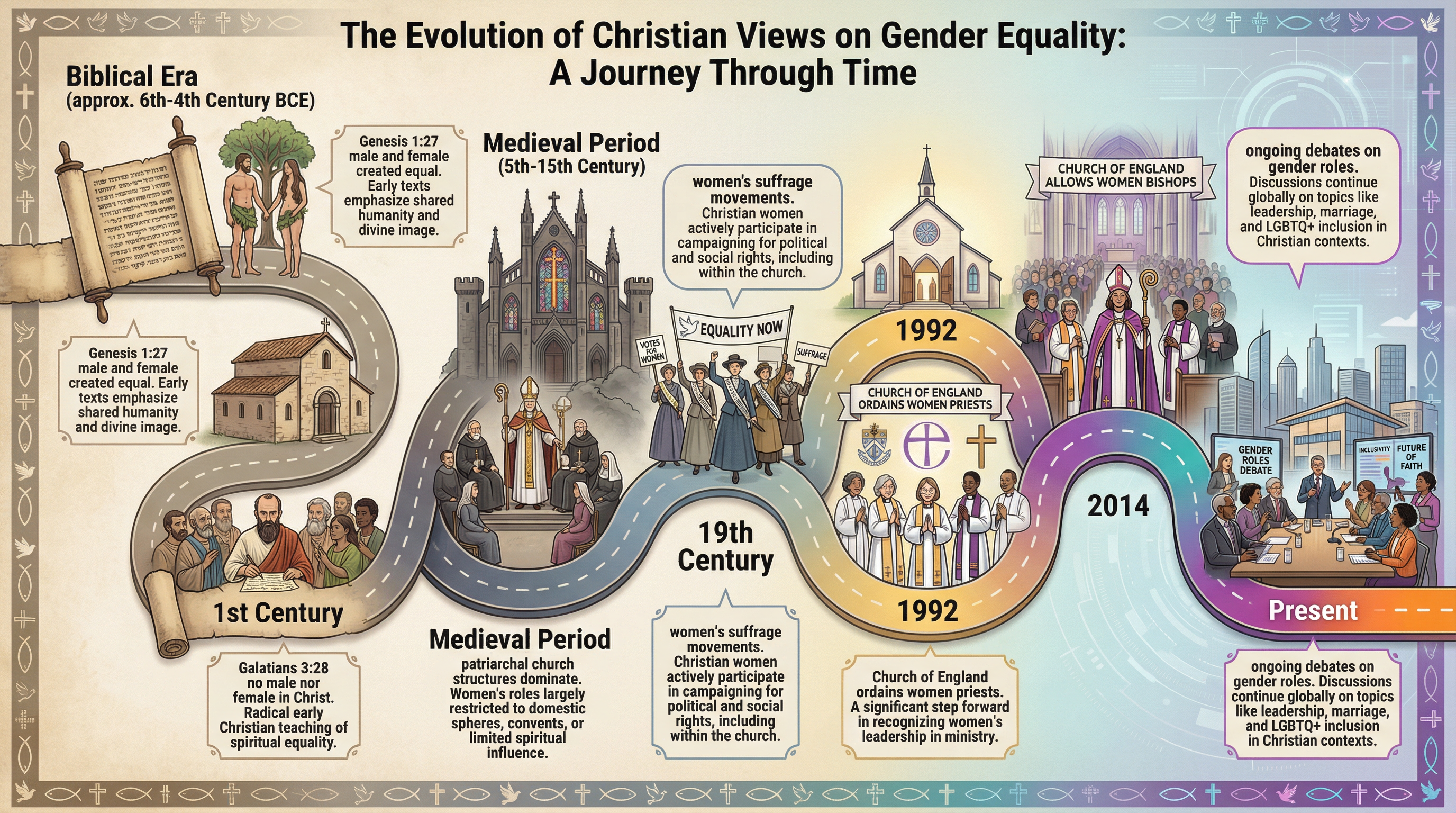 A timeline of key developments in Christian views on gender equality.