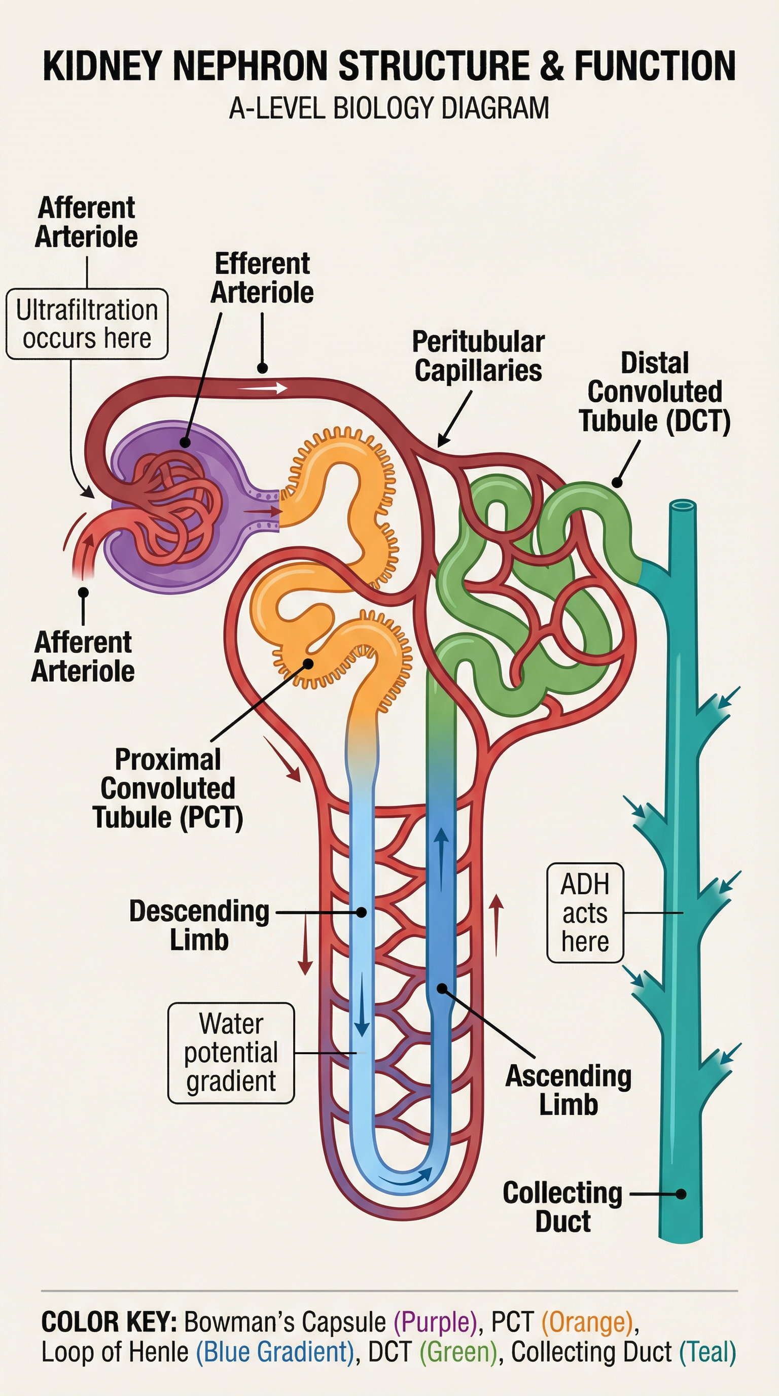 Structure of the nephron and sites of key processes.