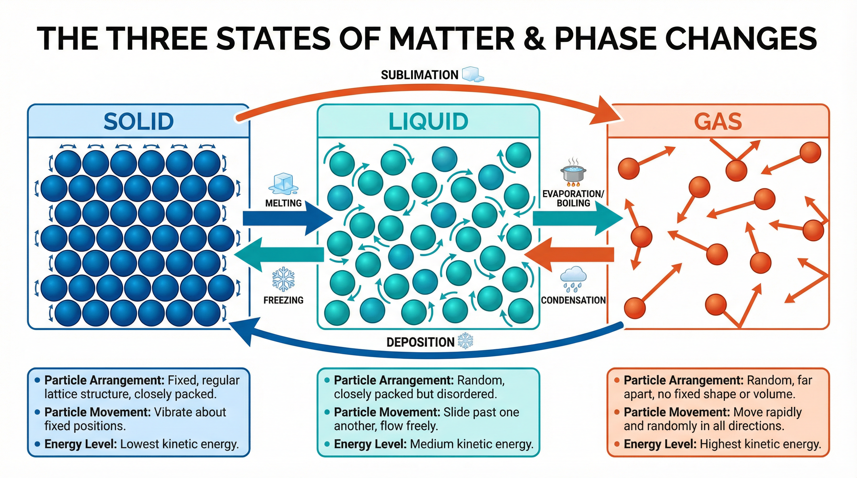 The three states of matter and the transitions between them.