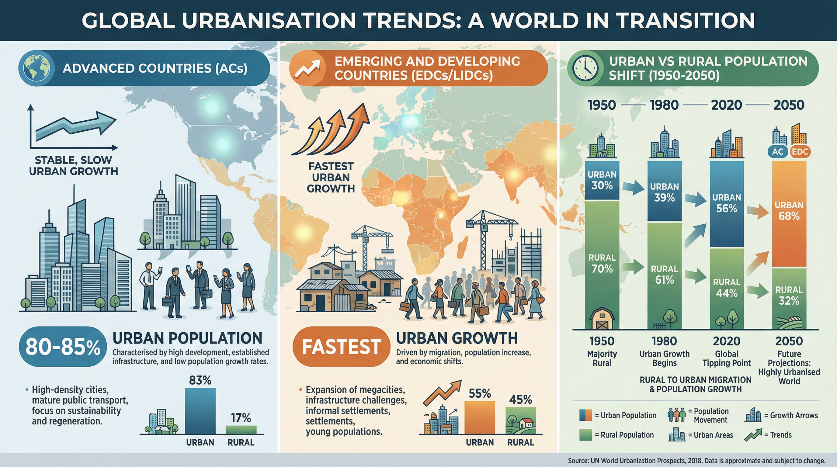 Global Urbanisation Trends: Advanced Countries vs Emerging/Developing Countries