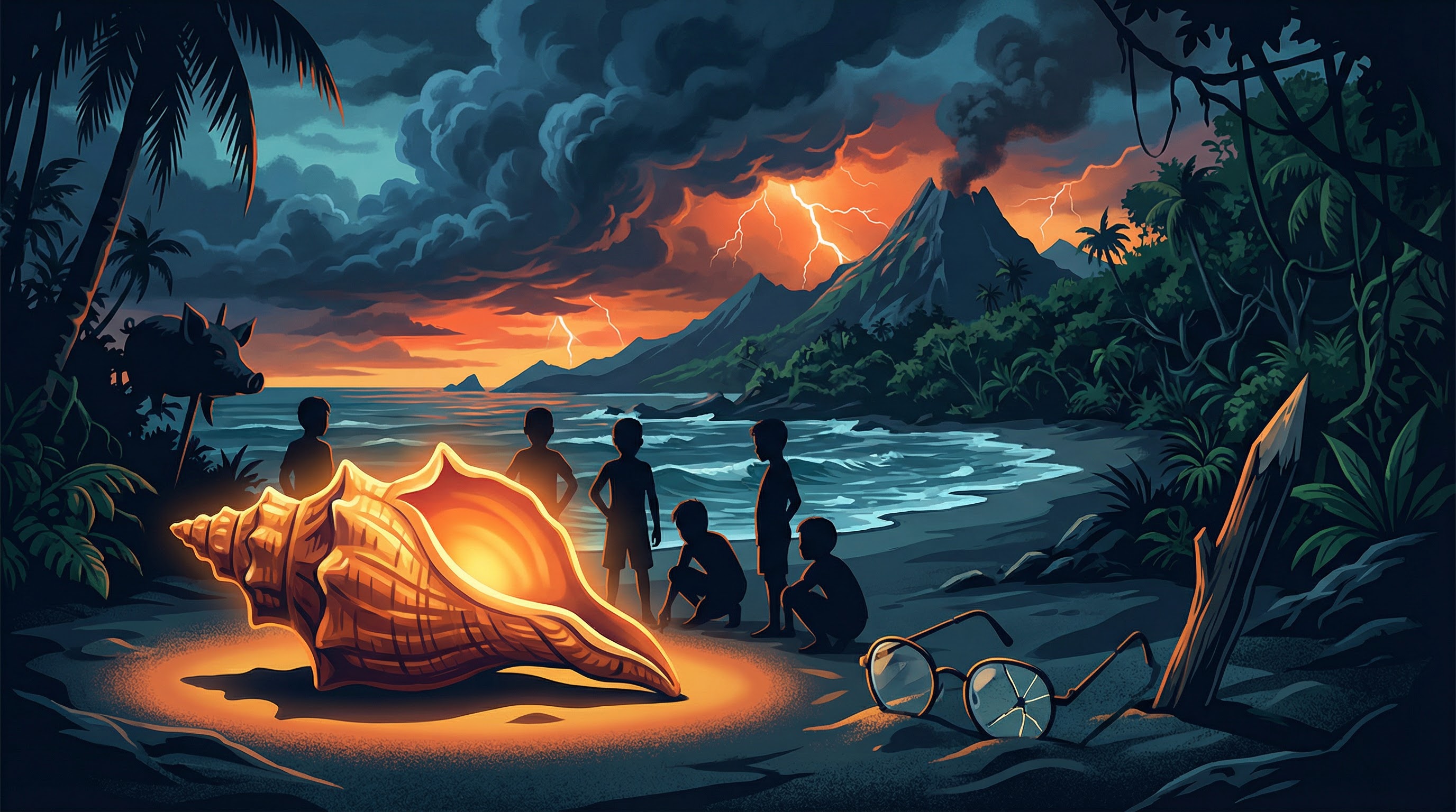 Header image for Lord of the Flies, showing the conch, the signal fire, and the looming storm.
