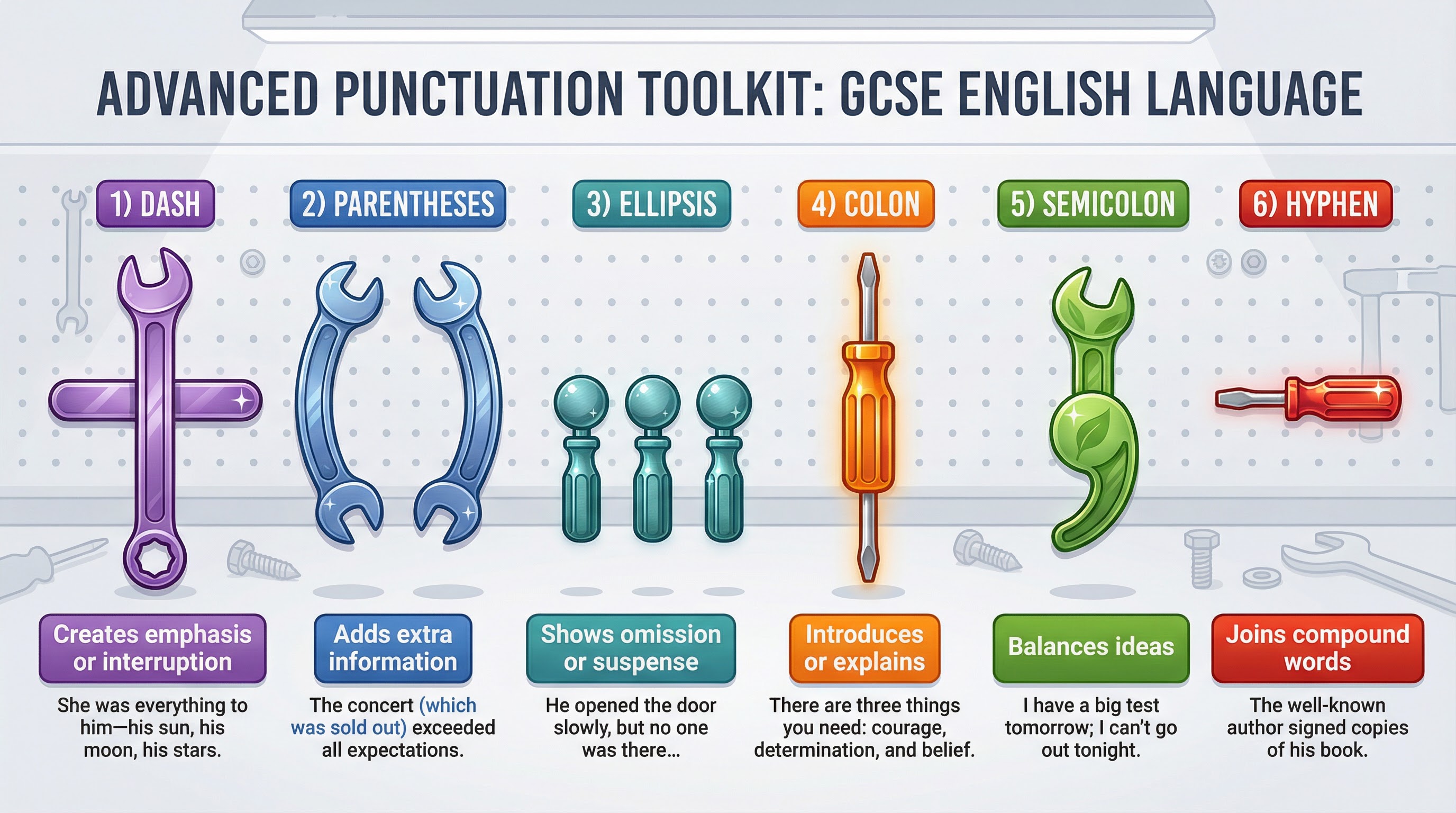 Your toolkit for building Level 5 sentences: dashes, parentheses, colons, and more.