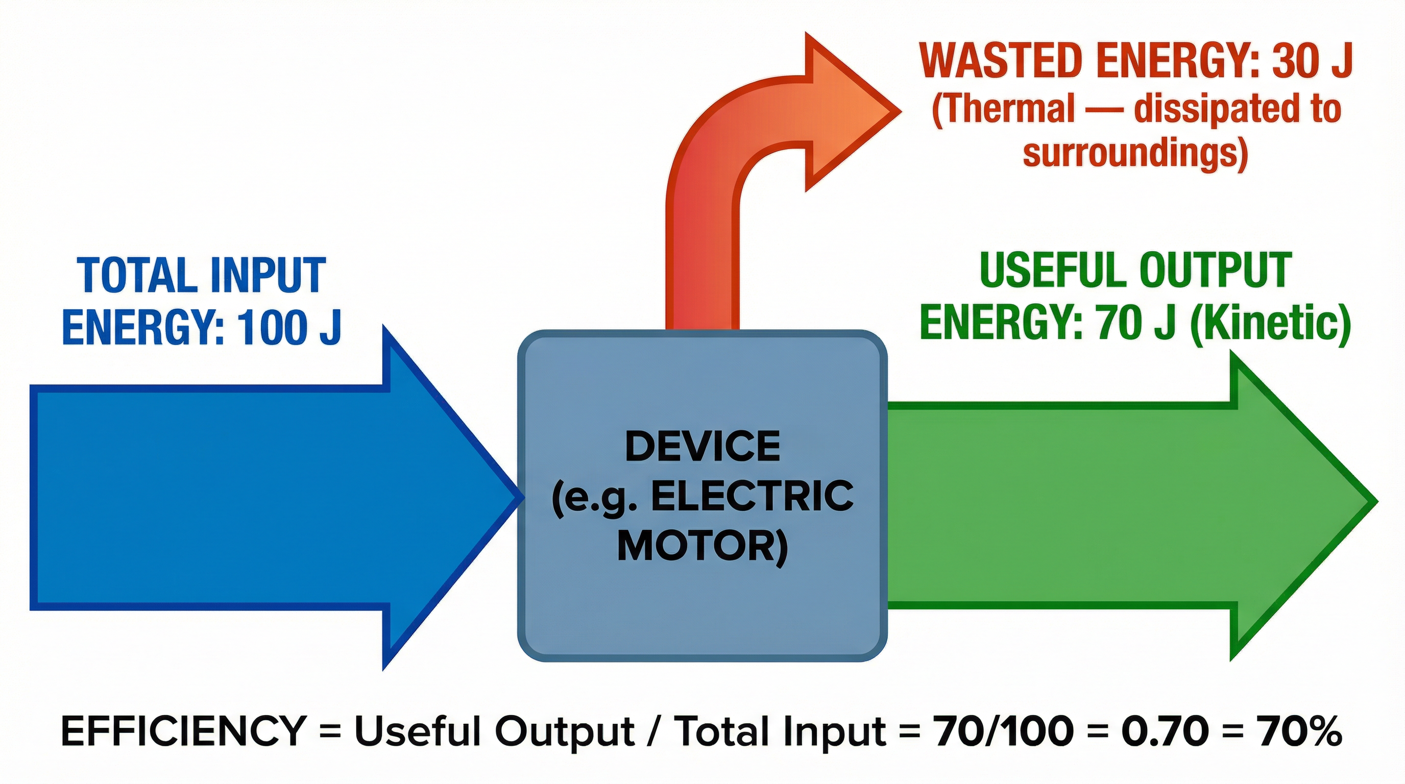 A Sankey diagram showing how total input energy is split into useful output energy and wasted energy.