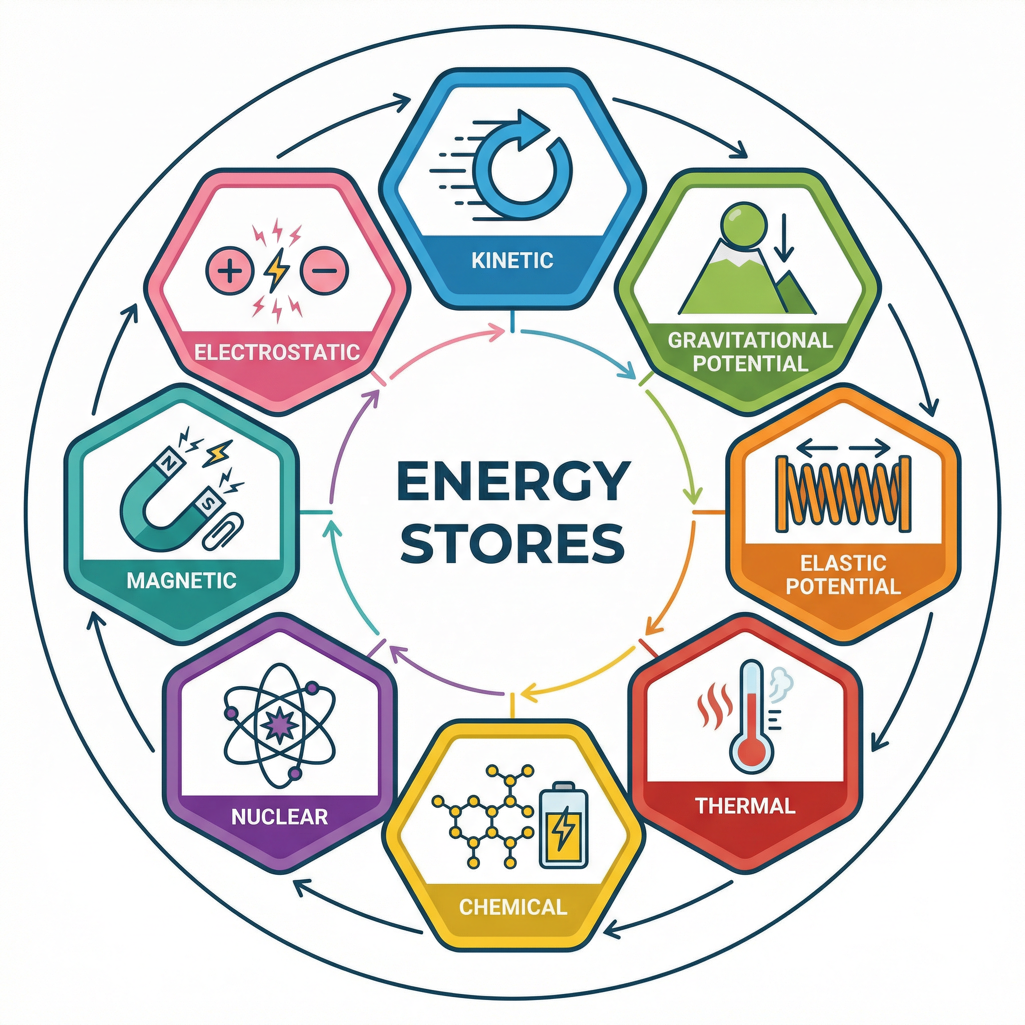 The eight official energy stores for OCR GCSE Physics.