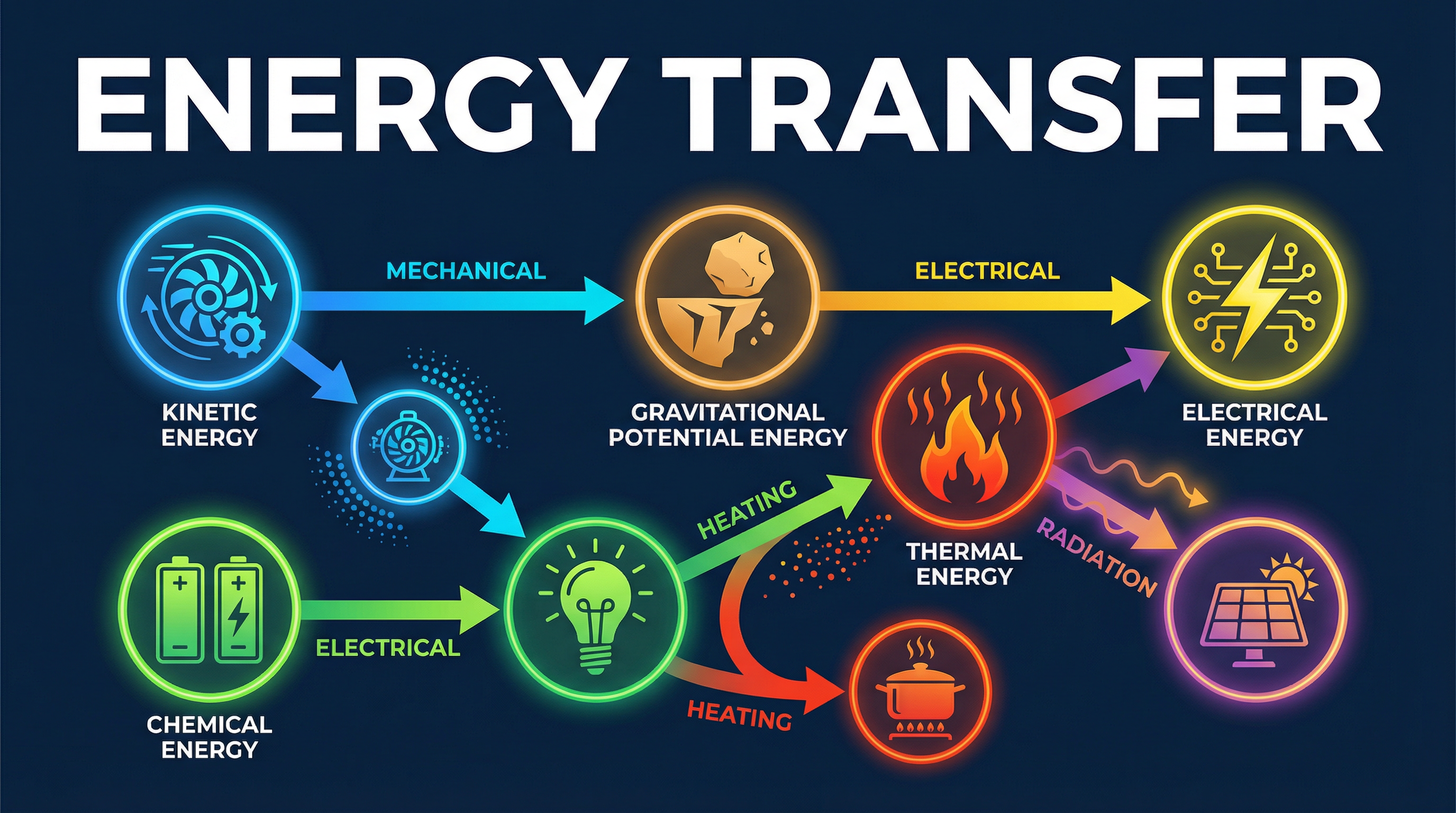 An overview of the key energy stores and transfer pathways in GCSE Physics.