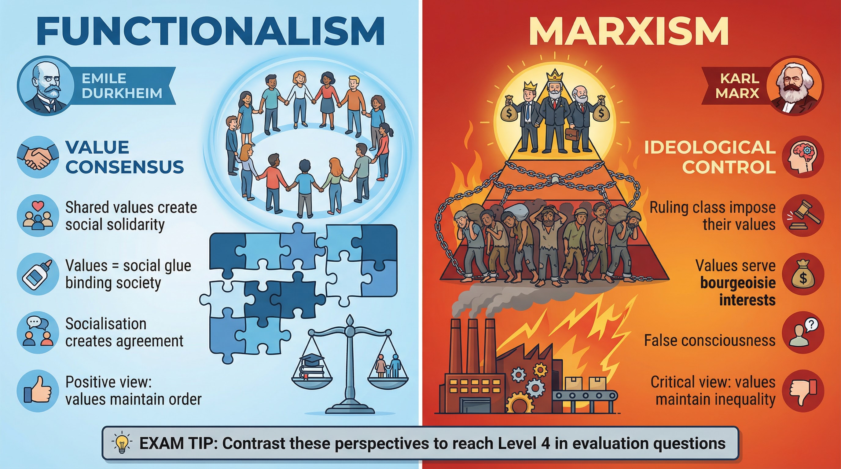 Diagram: Functionalism vs. Marxism on Values