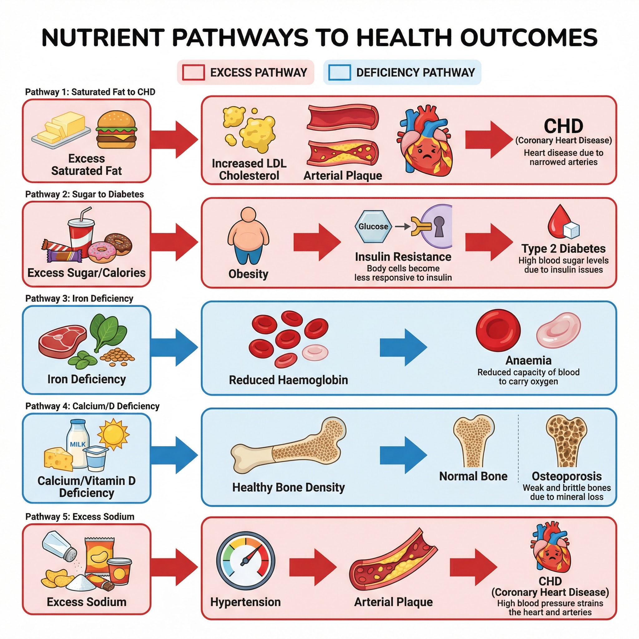 Visual guide to how nutrient excess or deficiency leads to disease.