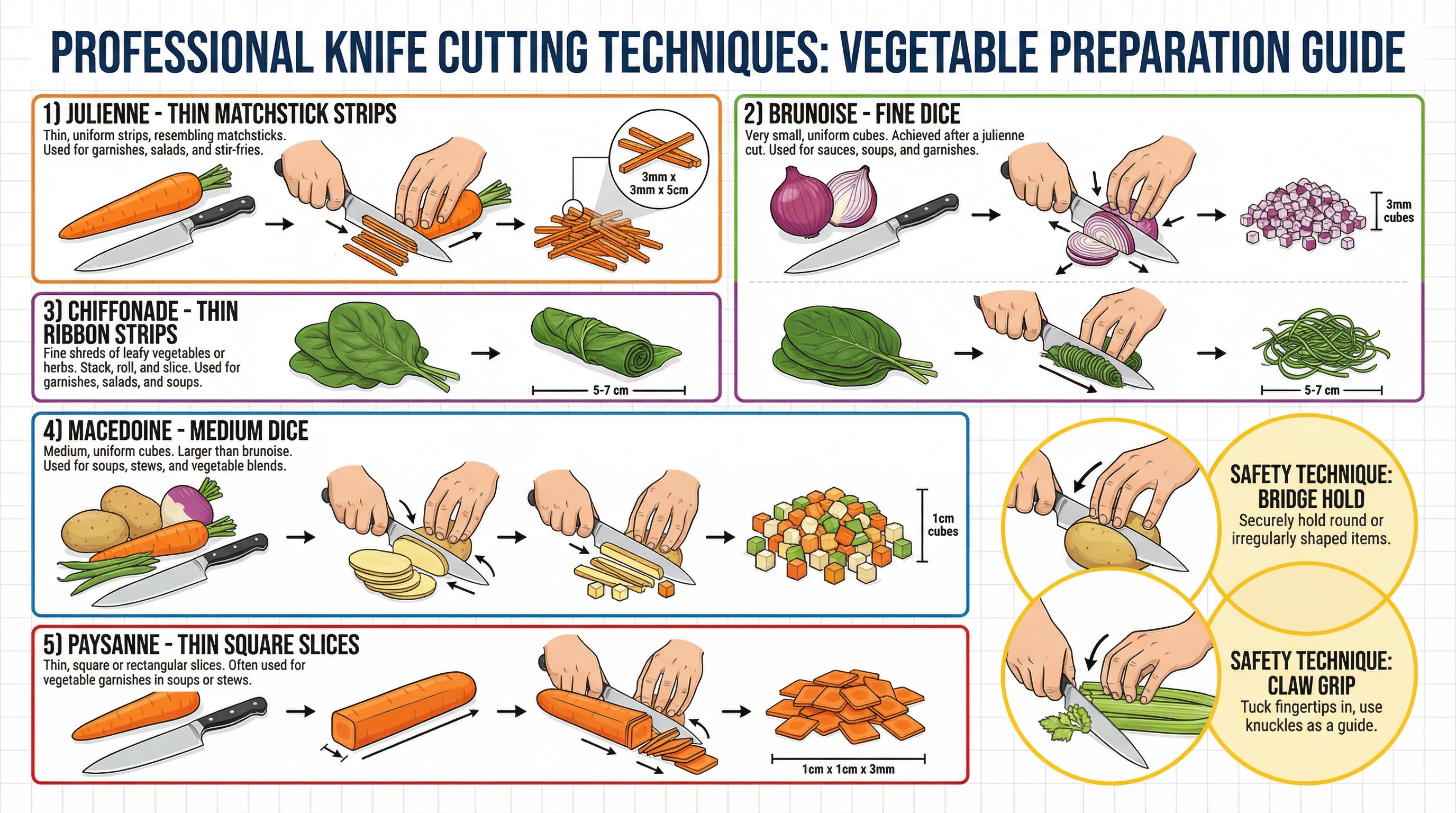 Mastering professional knife cuts and safety techniques.
