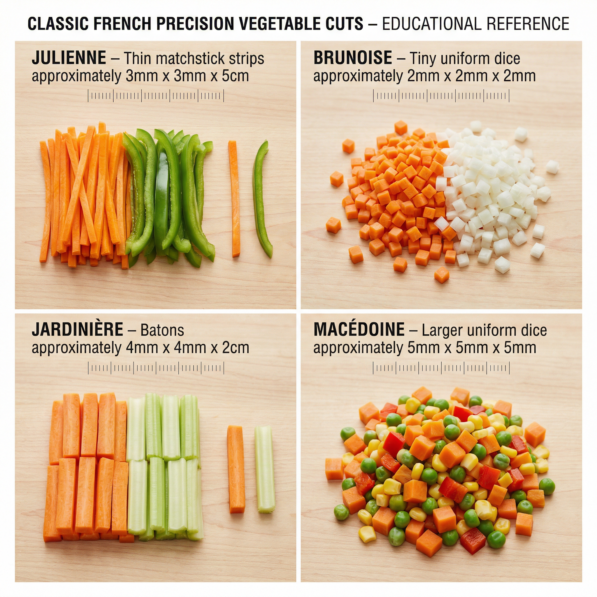 A reference chart for classic French precision cuts and their dimensions.