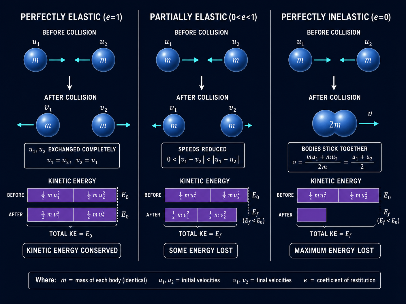 The three types of collisions based on the coefficient of restitution