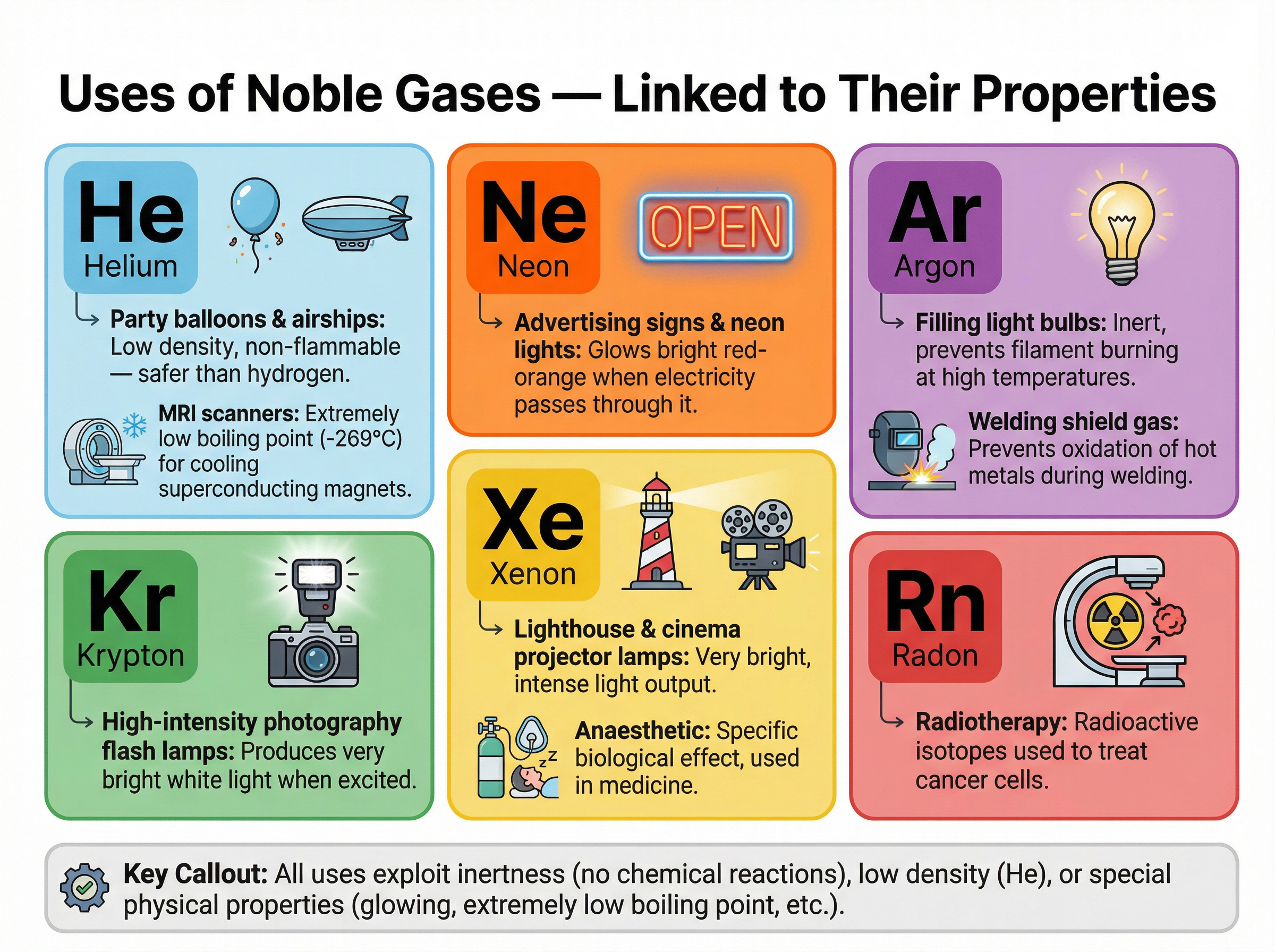 Uses of Noble Gases Linked to Their Properties