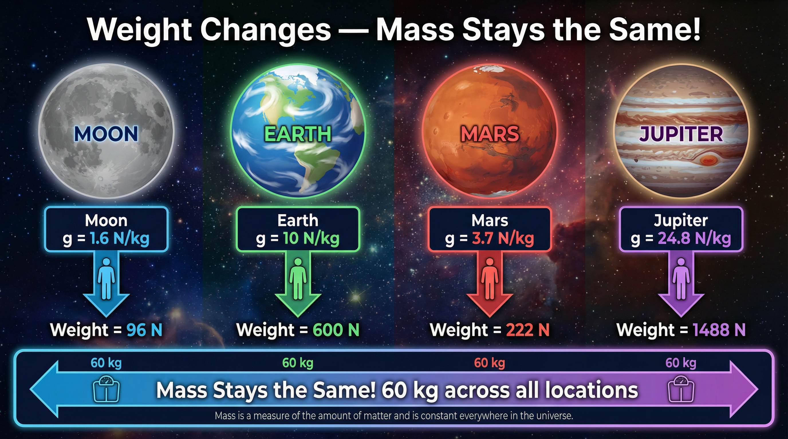 Weight Changes Across Planets — Mass Stays the Same