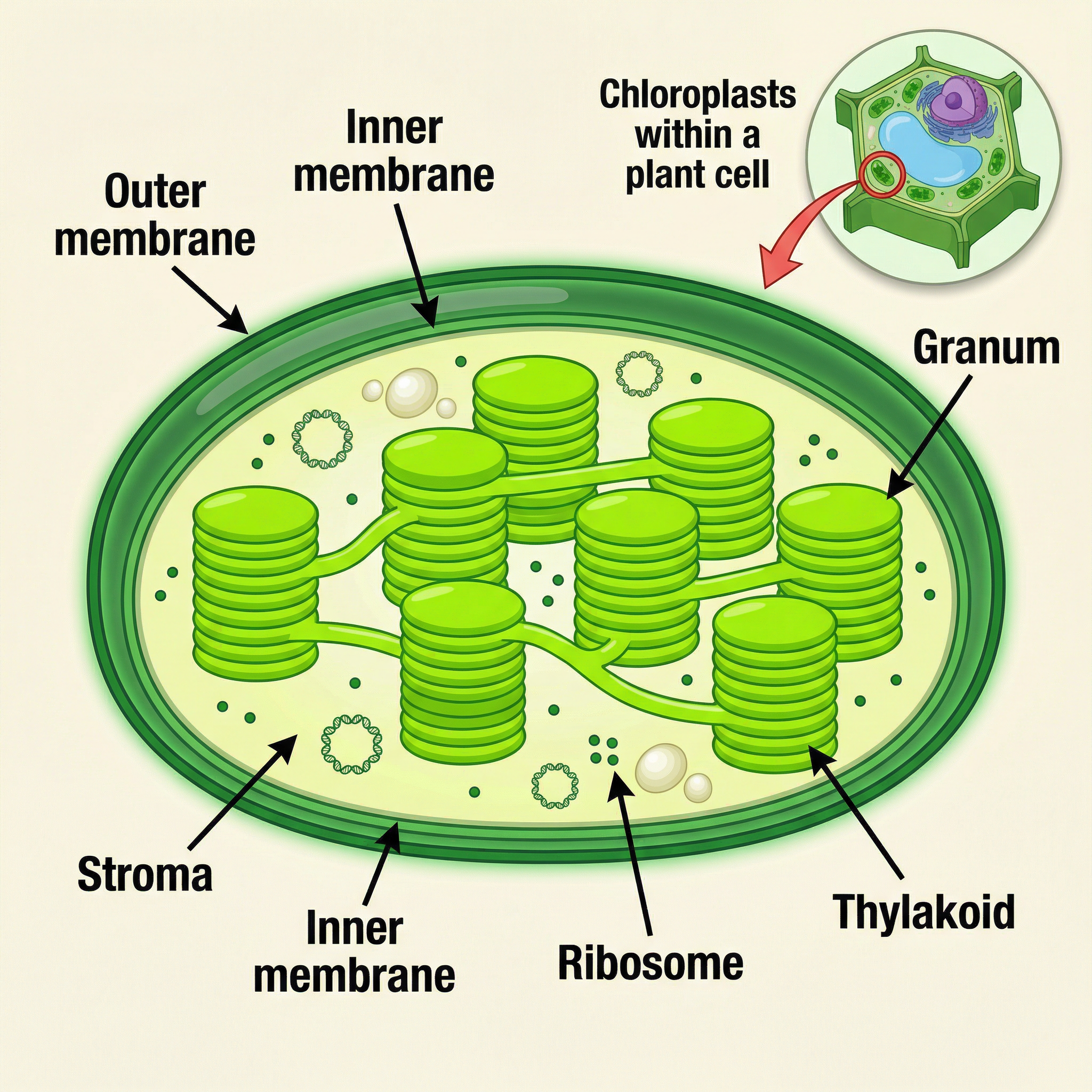 The structure of a chloroplast, the site of photosynthesis.