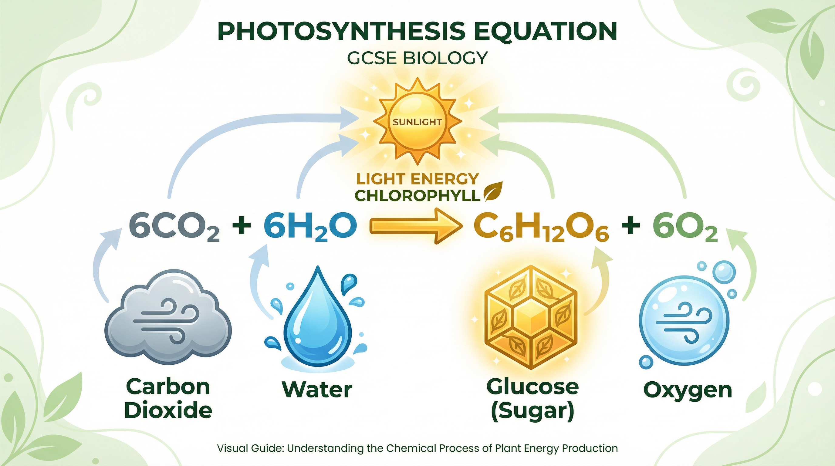 The balanced symbol equation for photosynthesis, showing reactants and products.