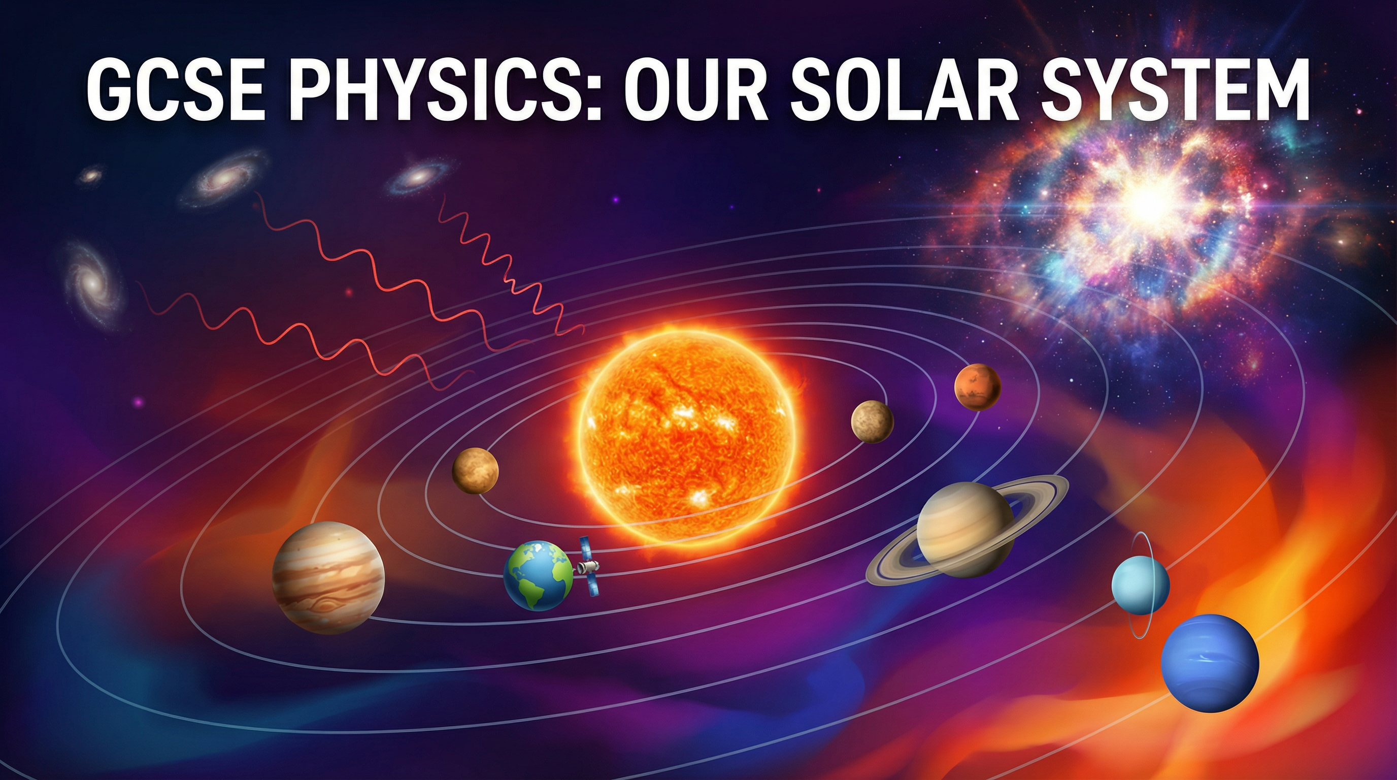 An illustration of our solar system, a supernova, and red-shifted light waves.