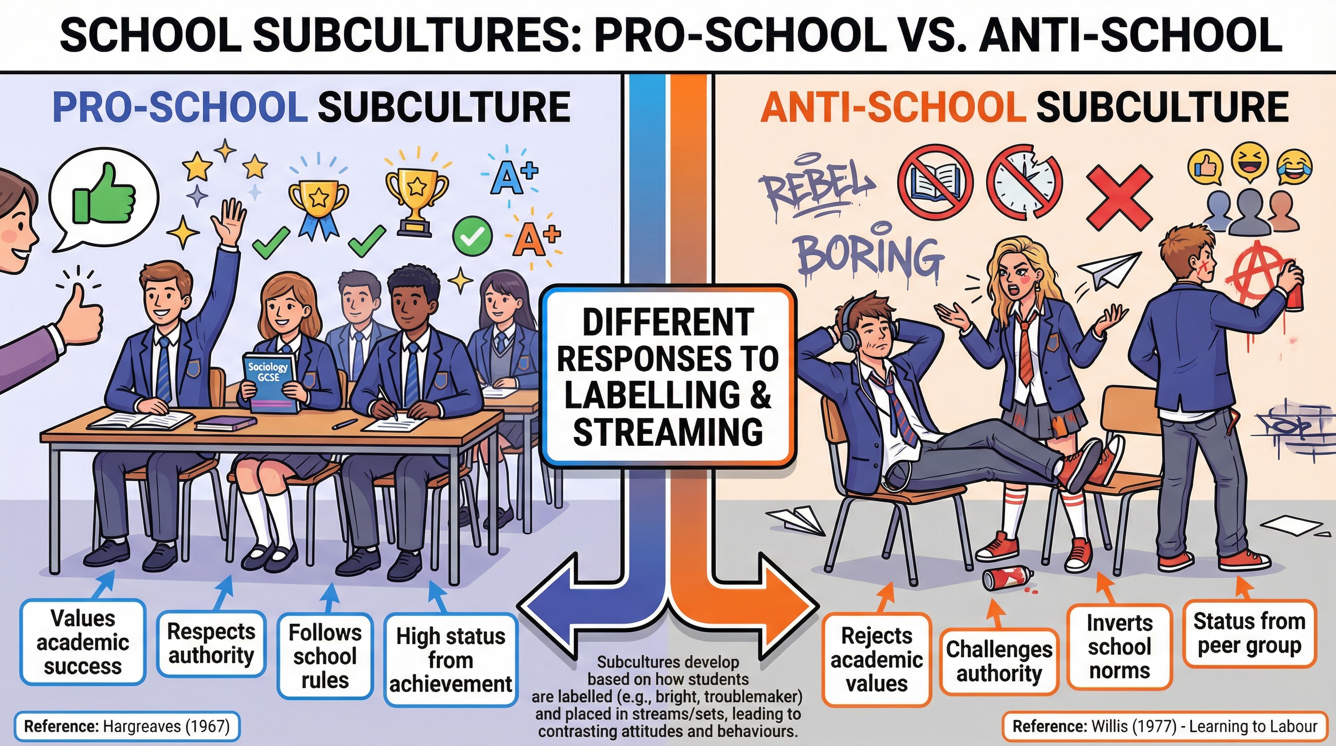 Contrasting Pro-School and Anti-School subcultures, with reference to key studies.