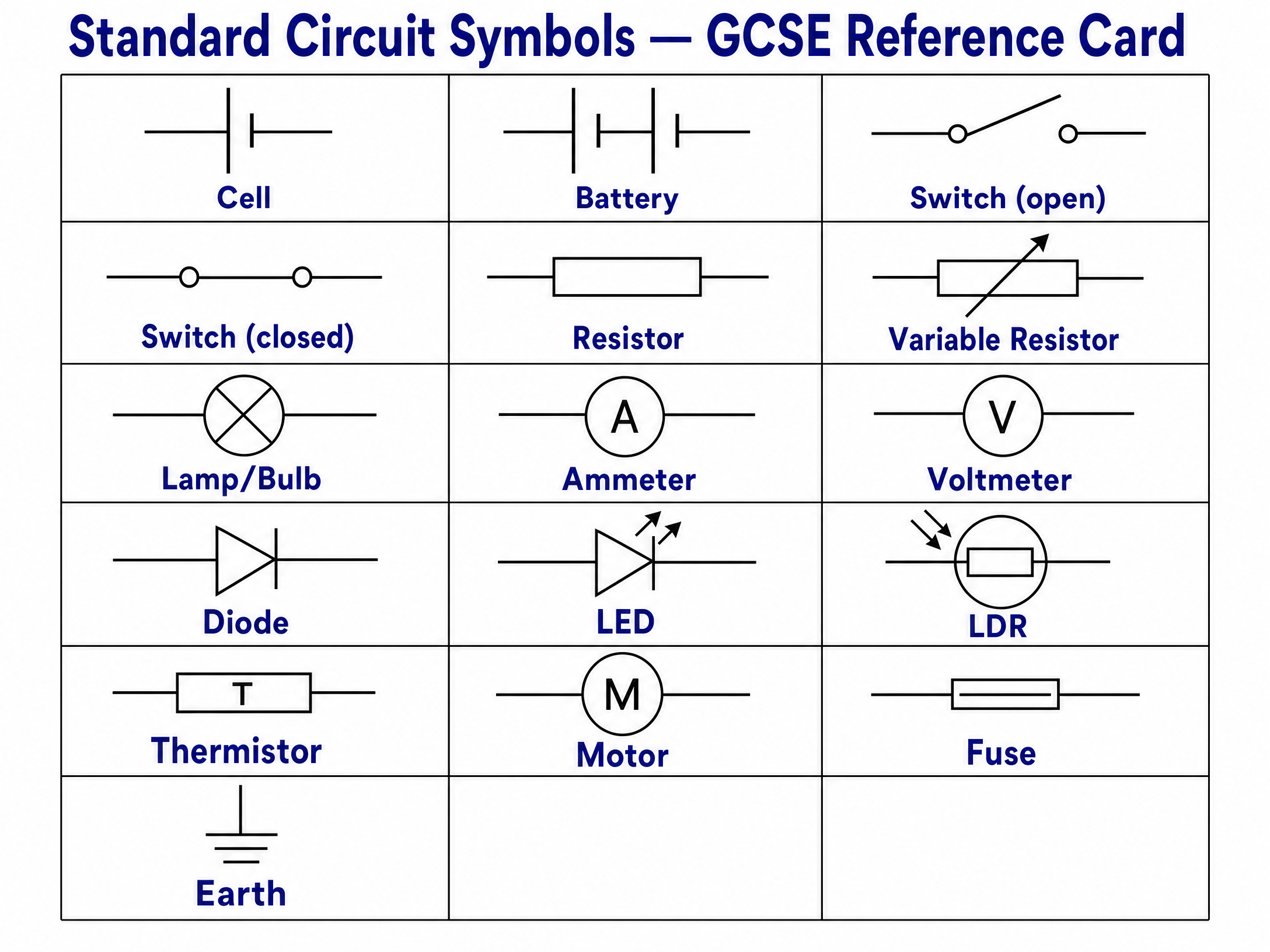 Standard GCSE Circuit Symbols Reference