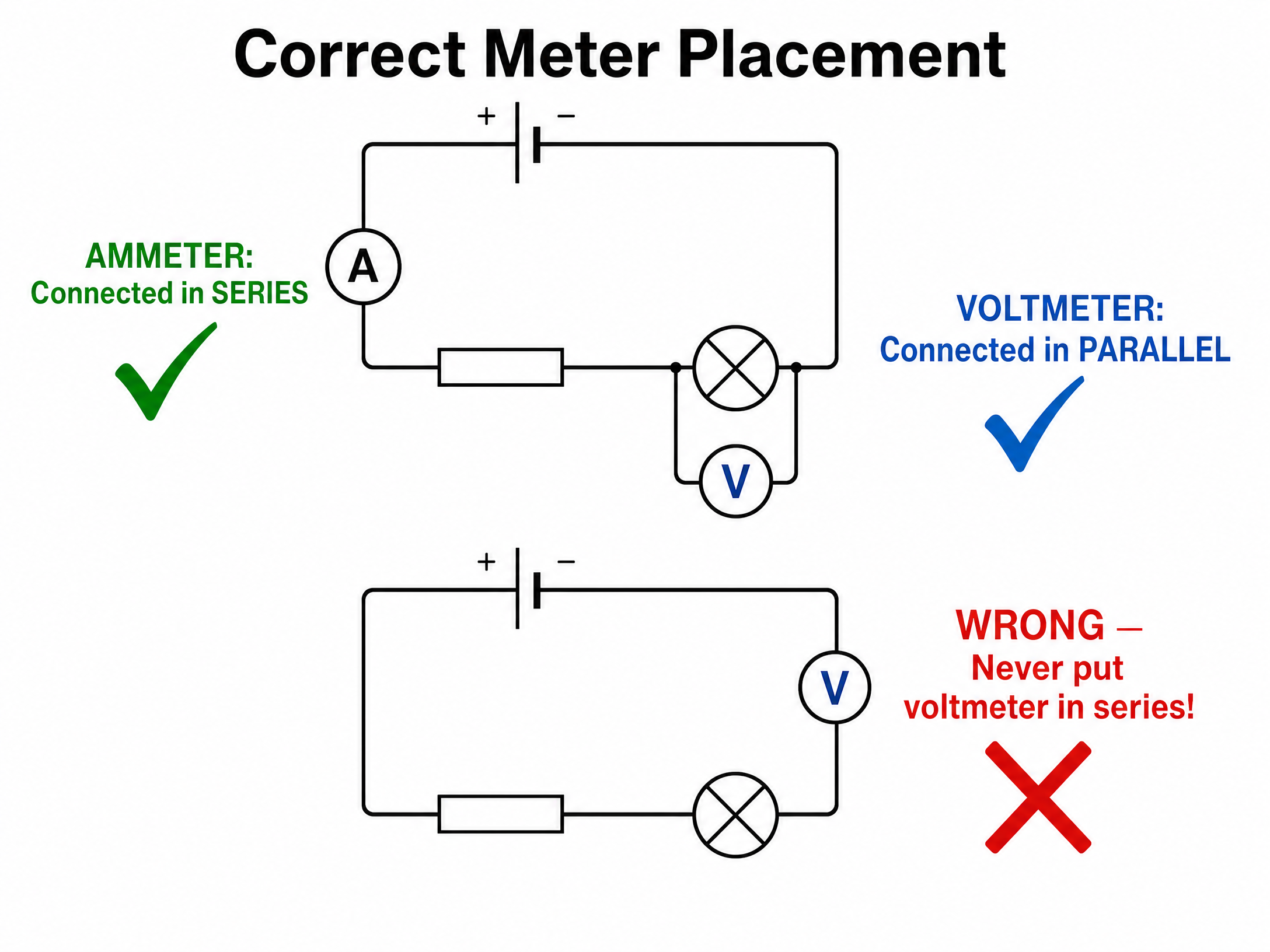 Correct Meter Placement (Ammeter and Voltmeter)