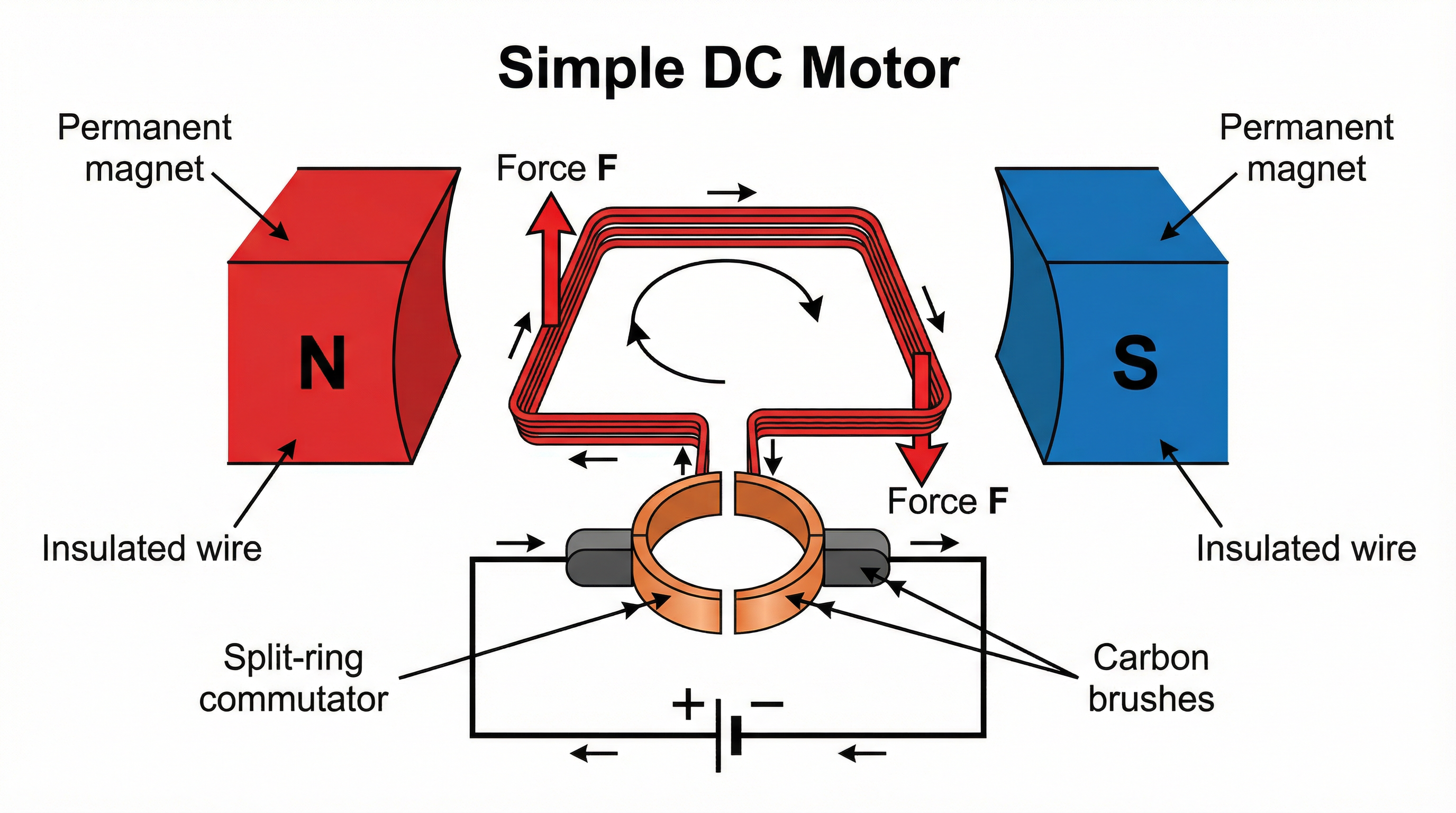 The components and operation of a simple DC motor, showing the coil, magnets, commutator, and brushes.