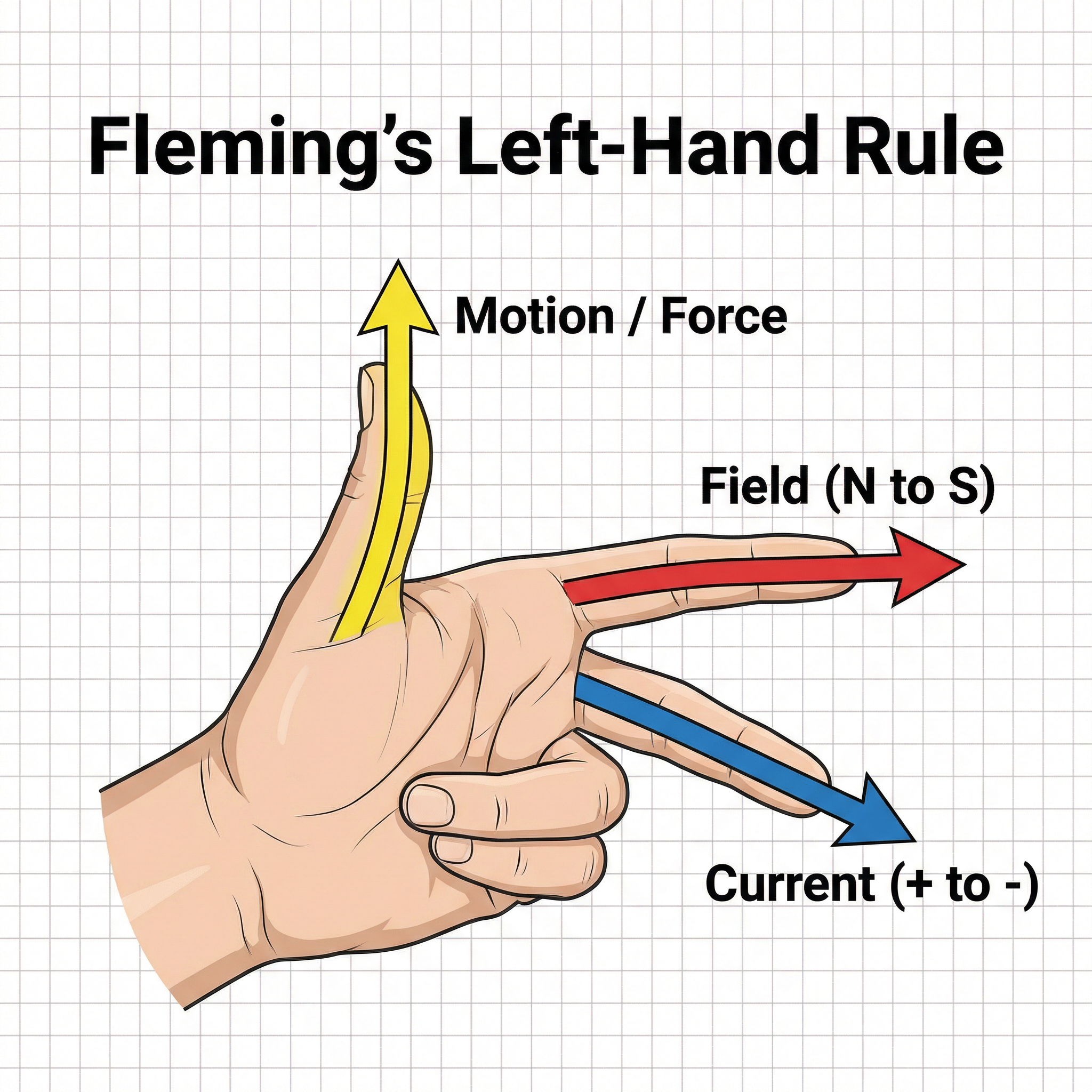 Fleming's Left-Hand Rule, relating the directions of Motion (Thrust), Field, and Current.