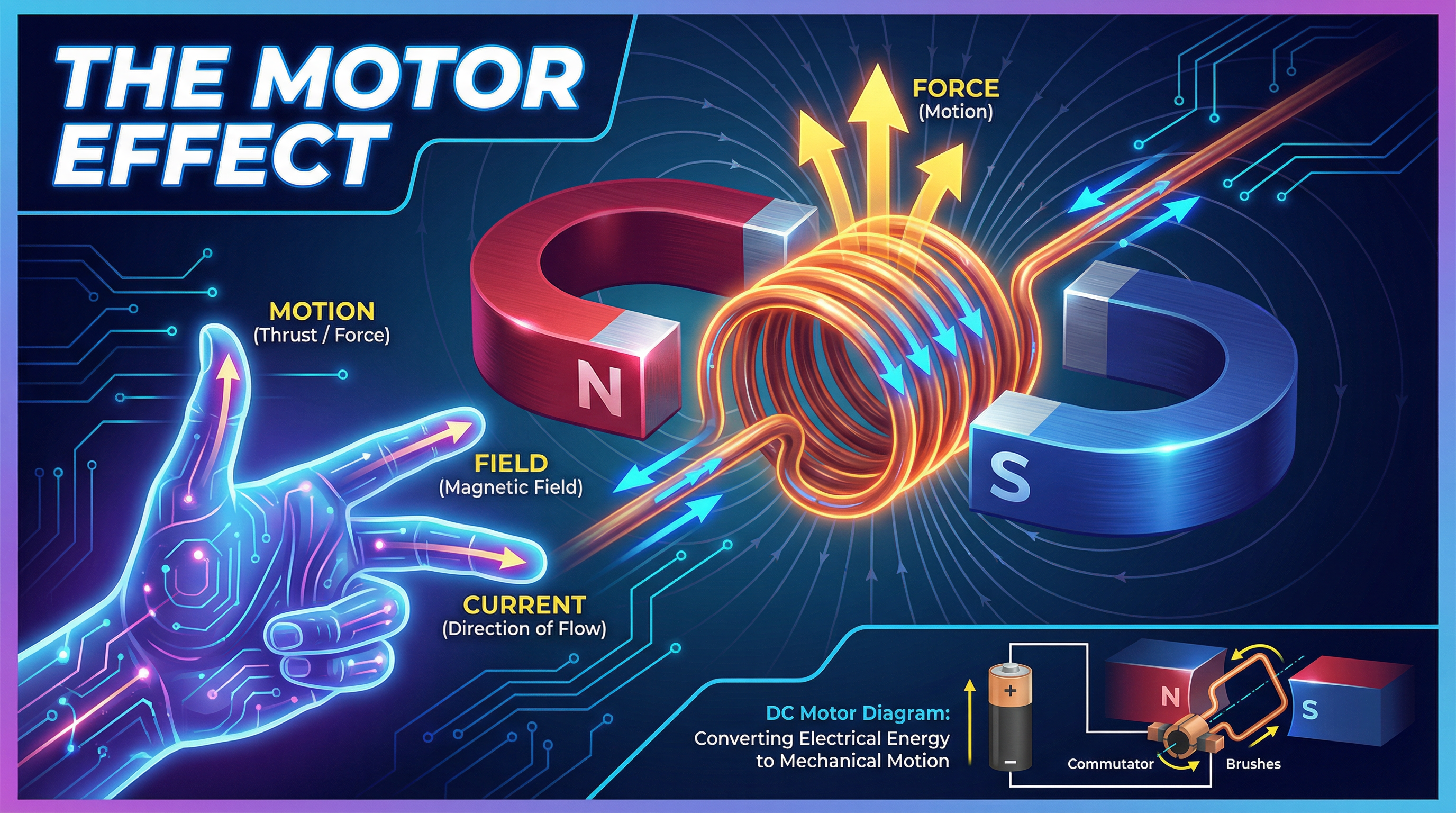 An illustration of the key principles of the Motor Effect, including Fleming's Left-Hand Rule and a DC motor diagram.