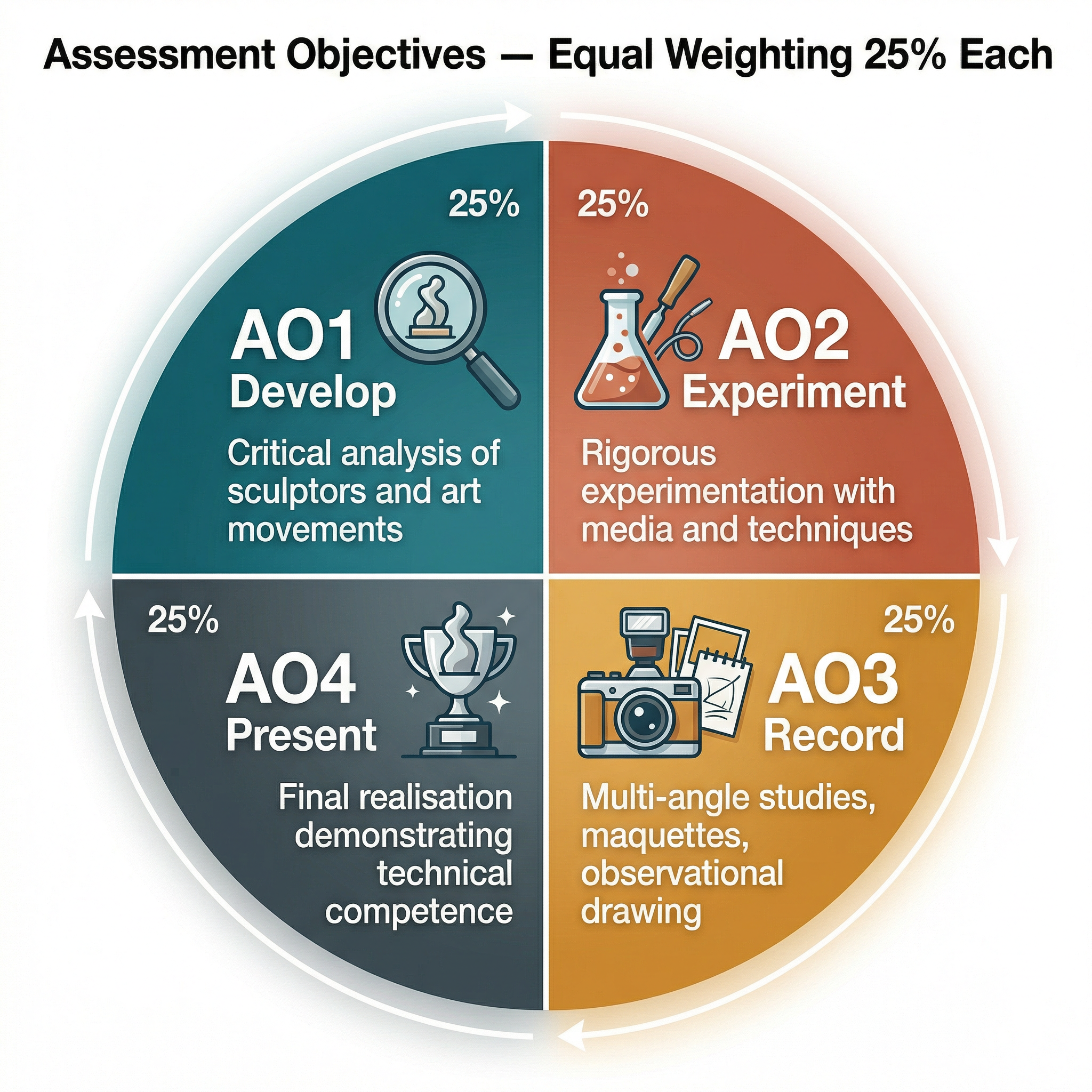 The four Assessment Objectives are equally weighted at 25% each.