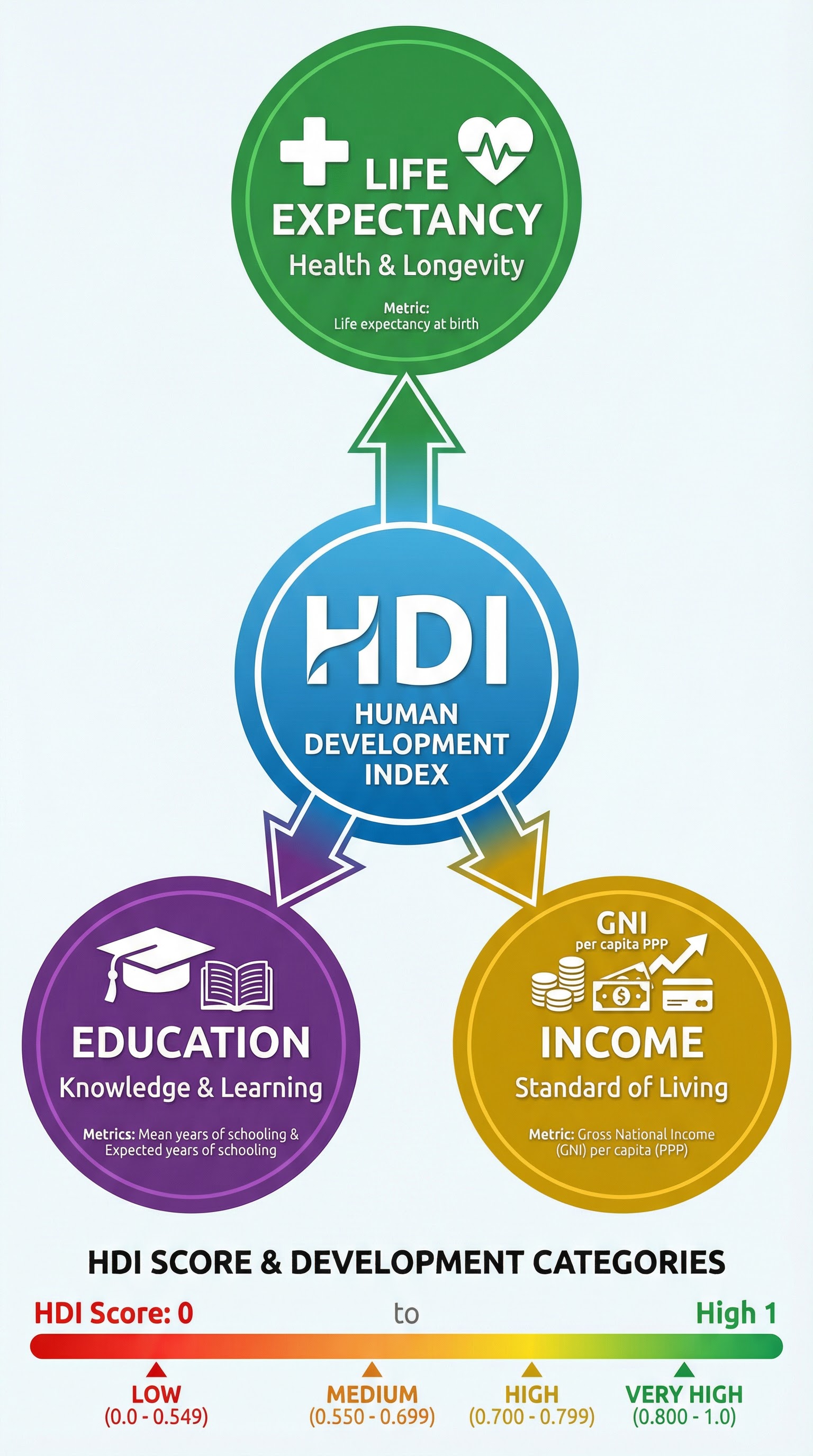 The three pillars of the Human Development Index: Health, Education, and Income.
