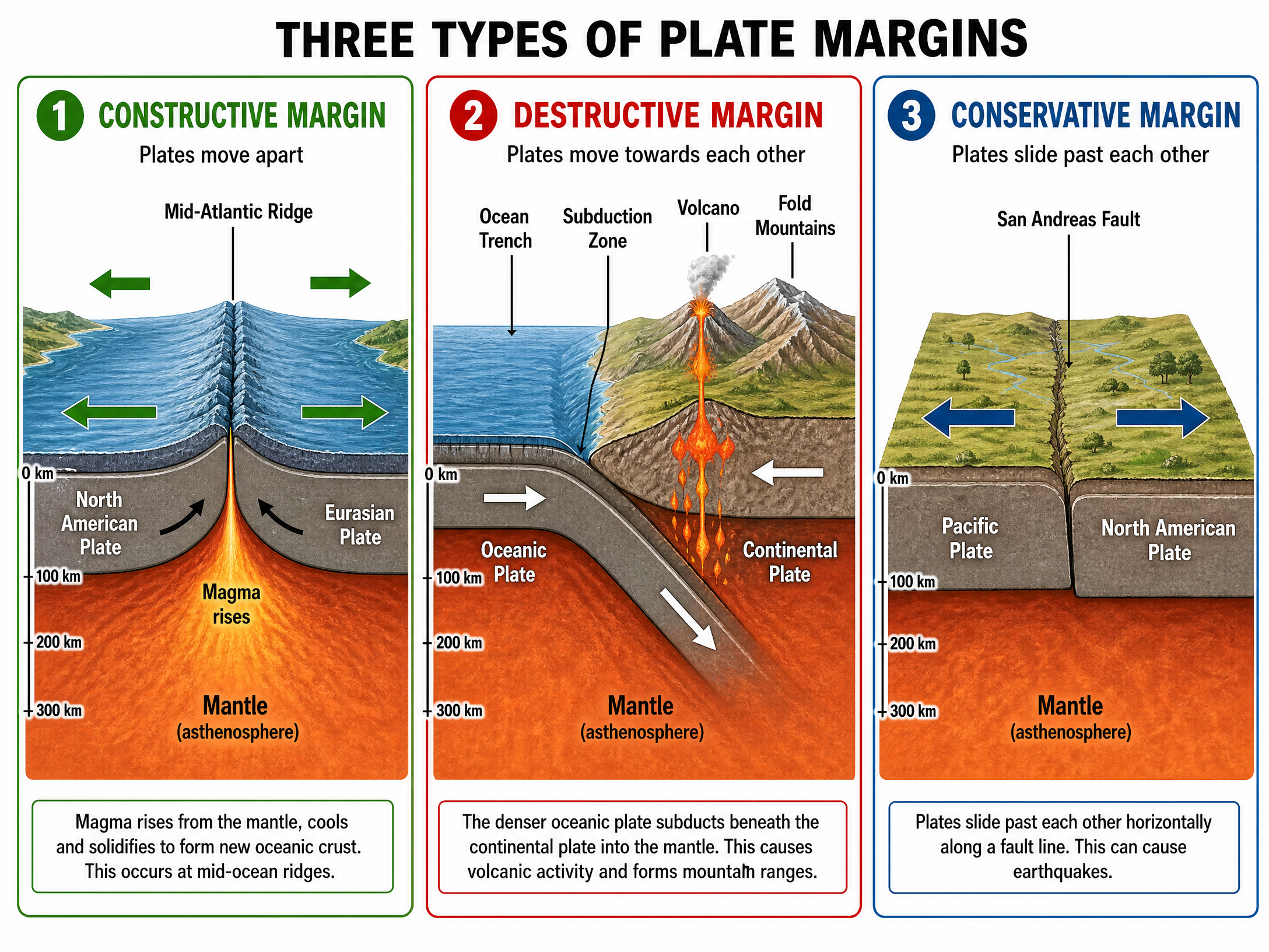 The three types of tectonic plate margins