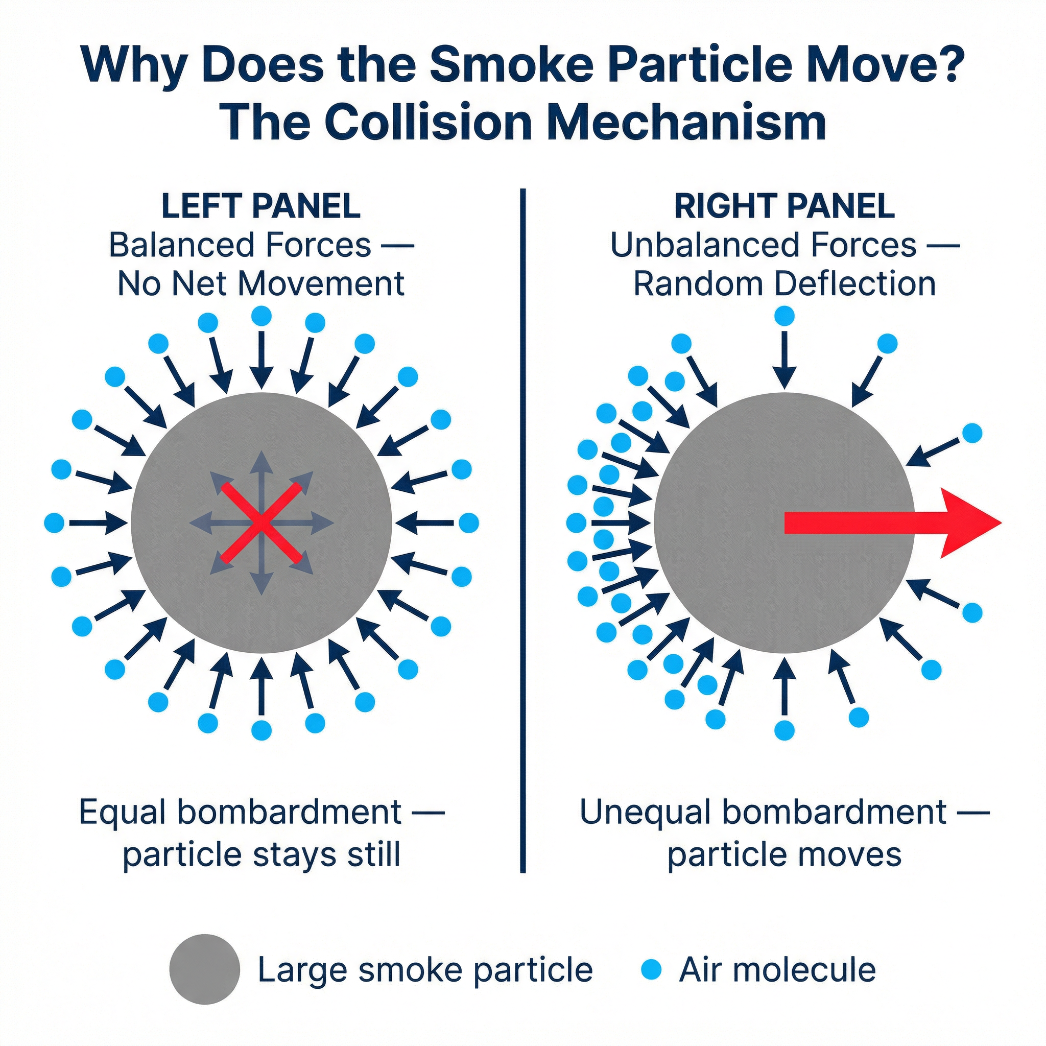 The collision mechanism: How unequal bombardment from invisible air molecules creates a net force, causing the larger smoke particle to move.
