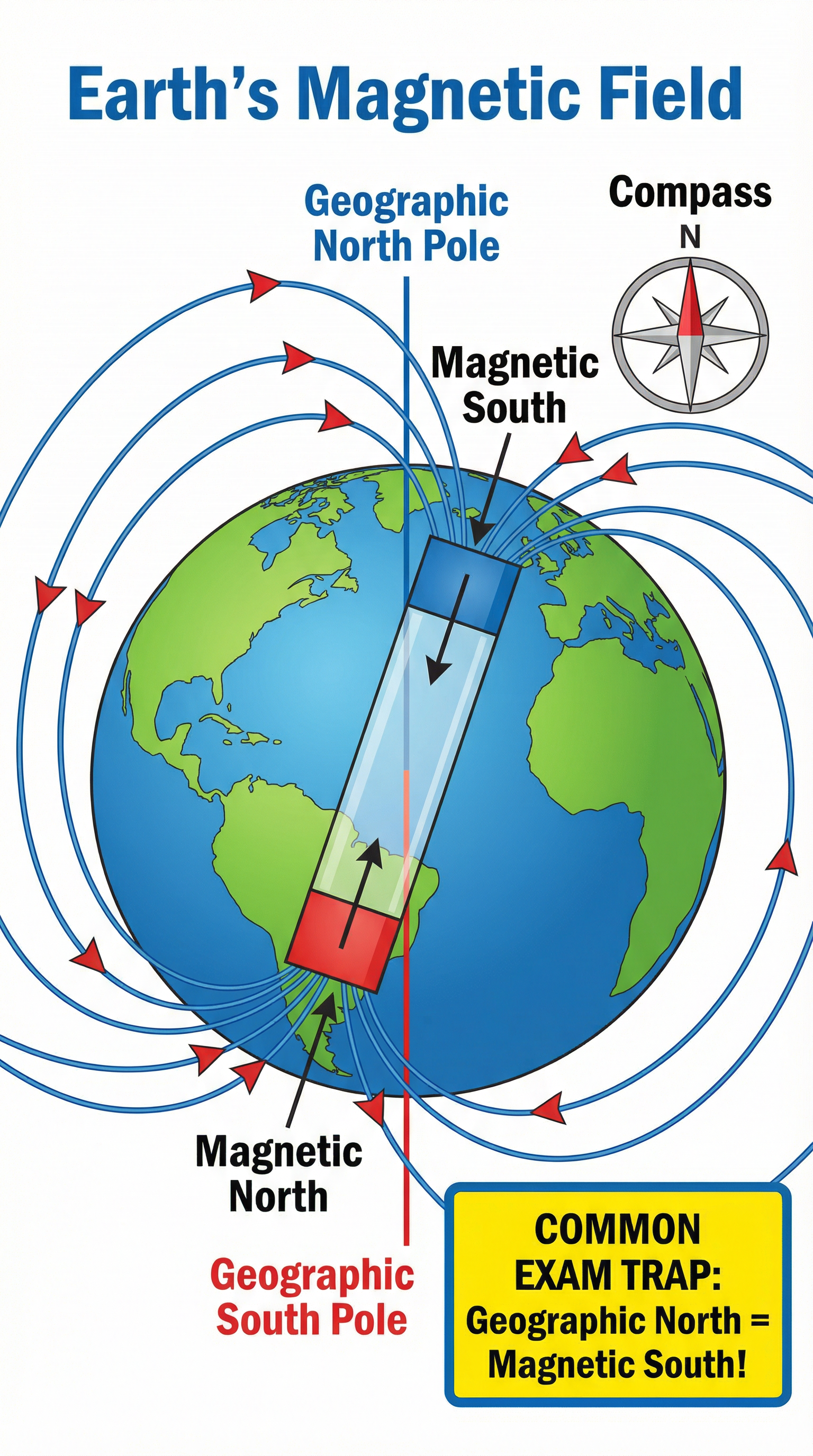 Diagram of the Earth's magnetic field, explaining the common exam trap regarding the geographic North Pole.