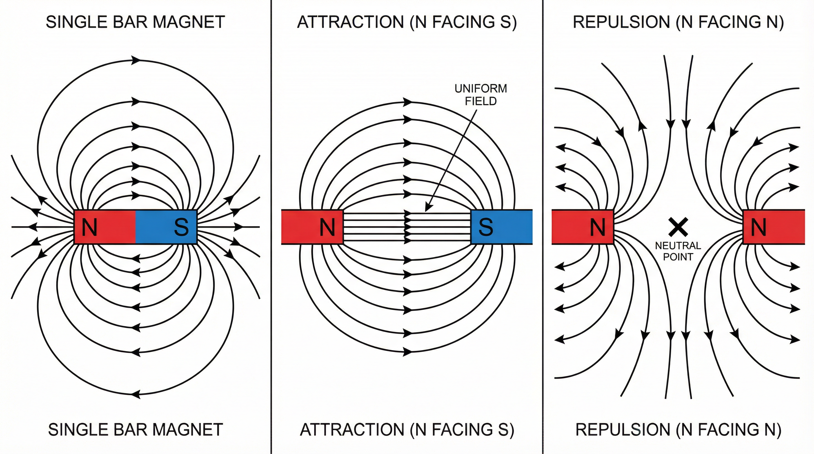 Magnetic field patterns for attraction, repulsion, and a single bar magnet.