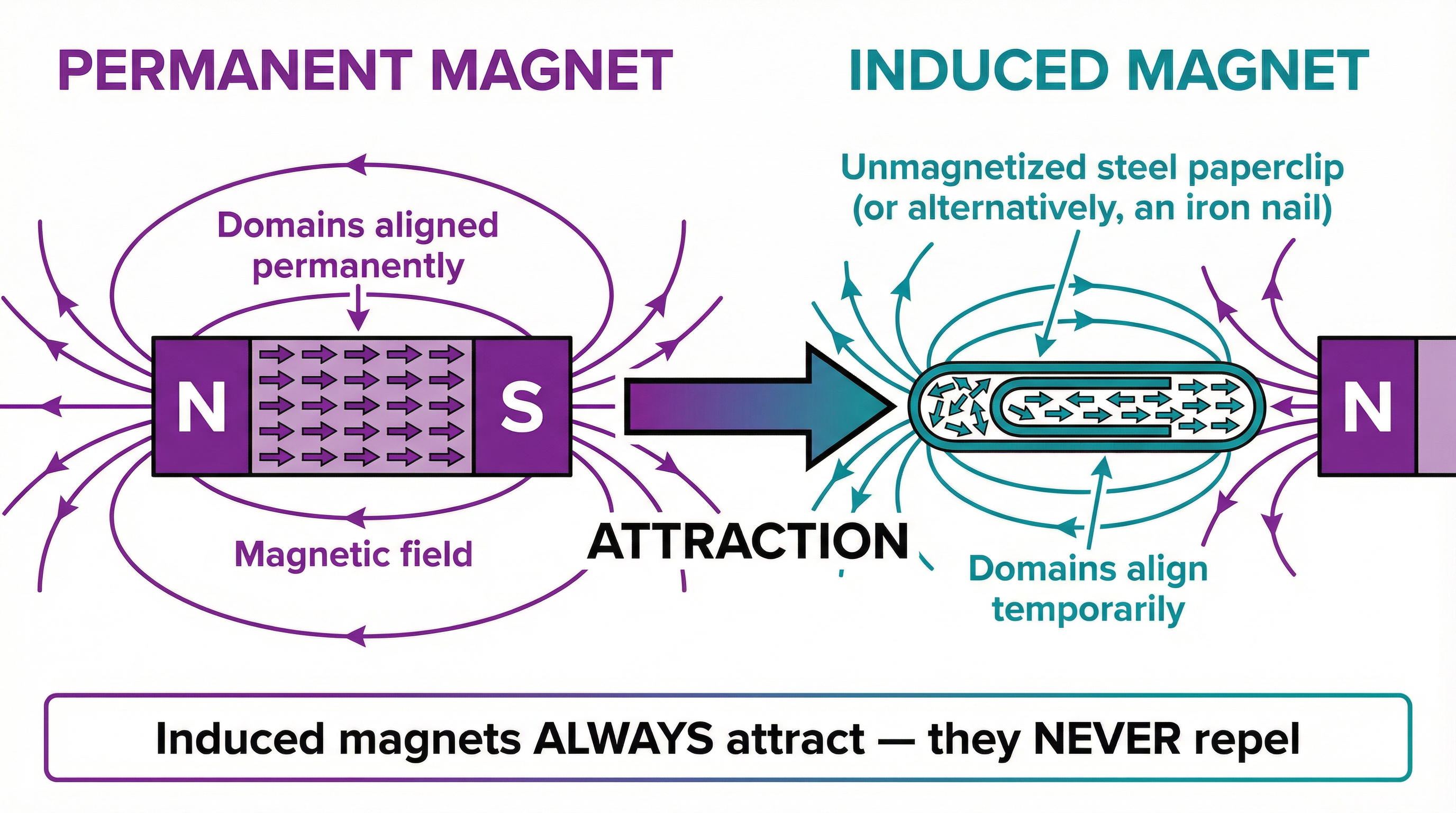 The difference between permanent and induced magnetism, highlighting that induced magnetism always causes attraction.