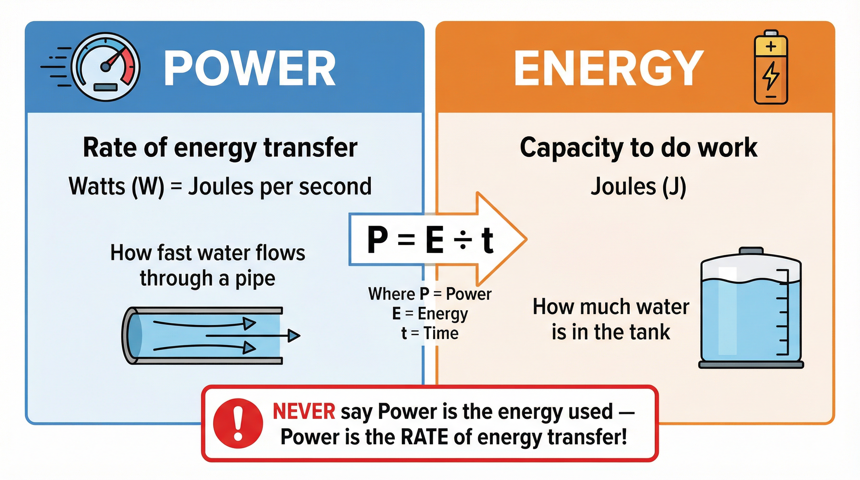 Visual comparison of Power (the rate) and Energy (the amount).