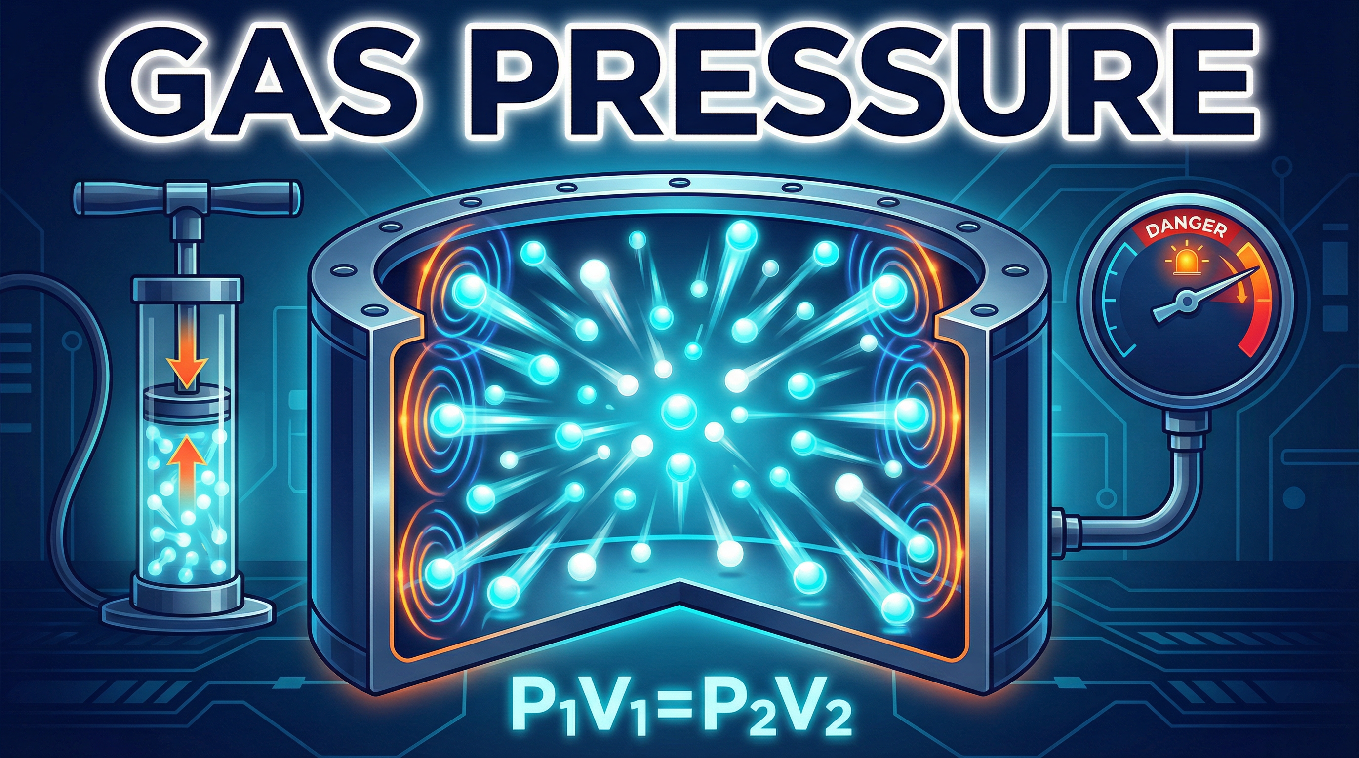 An illustration showing gas particles colliding within a container, linked to a pressure gauge and a bicycle pump to represent key concepts.