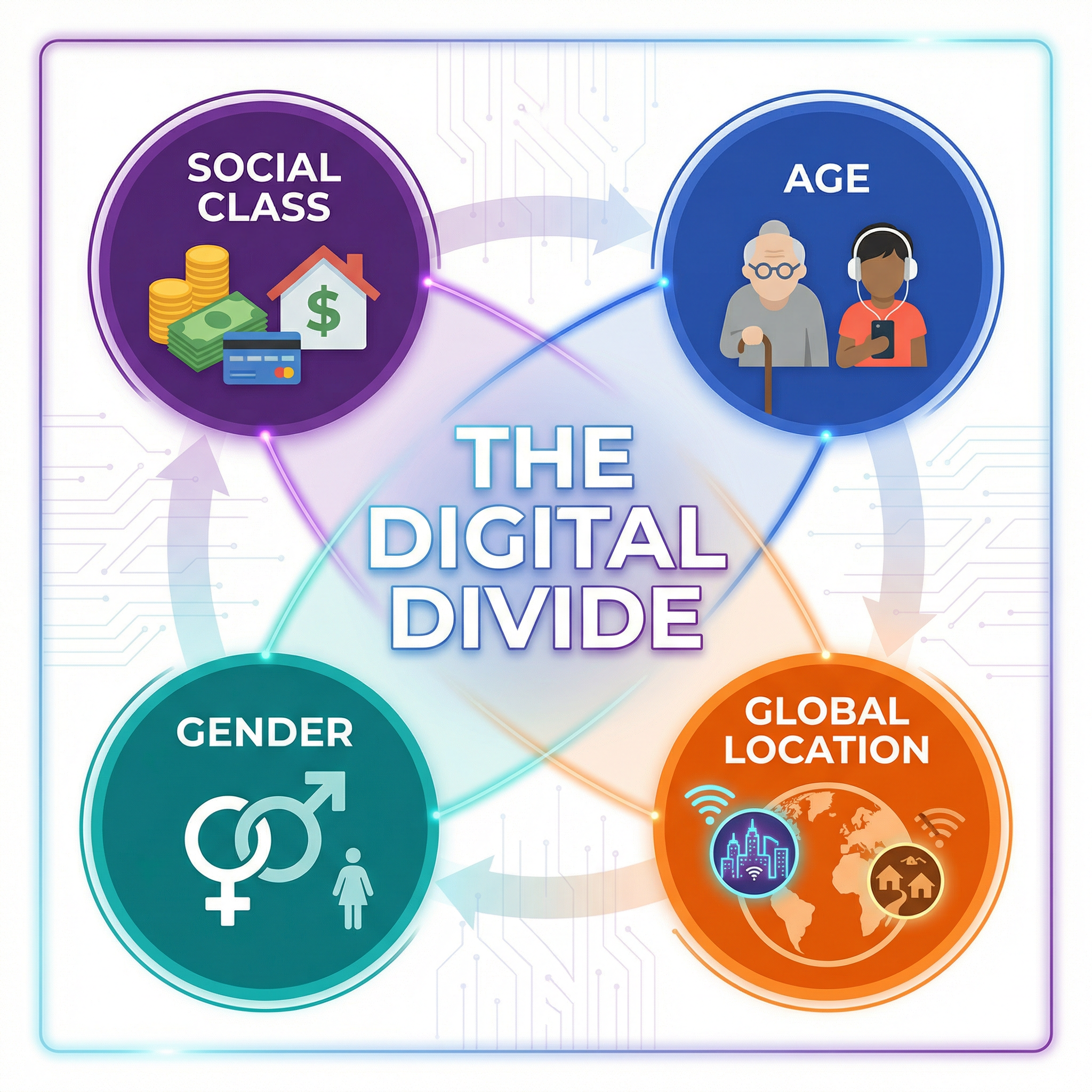 The key social factors that create and reinforce the digital divide.