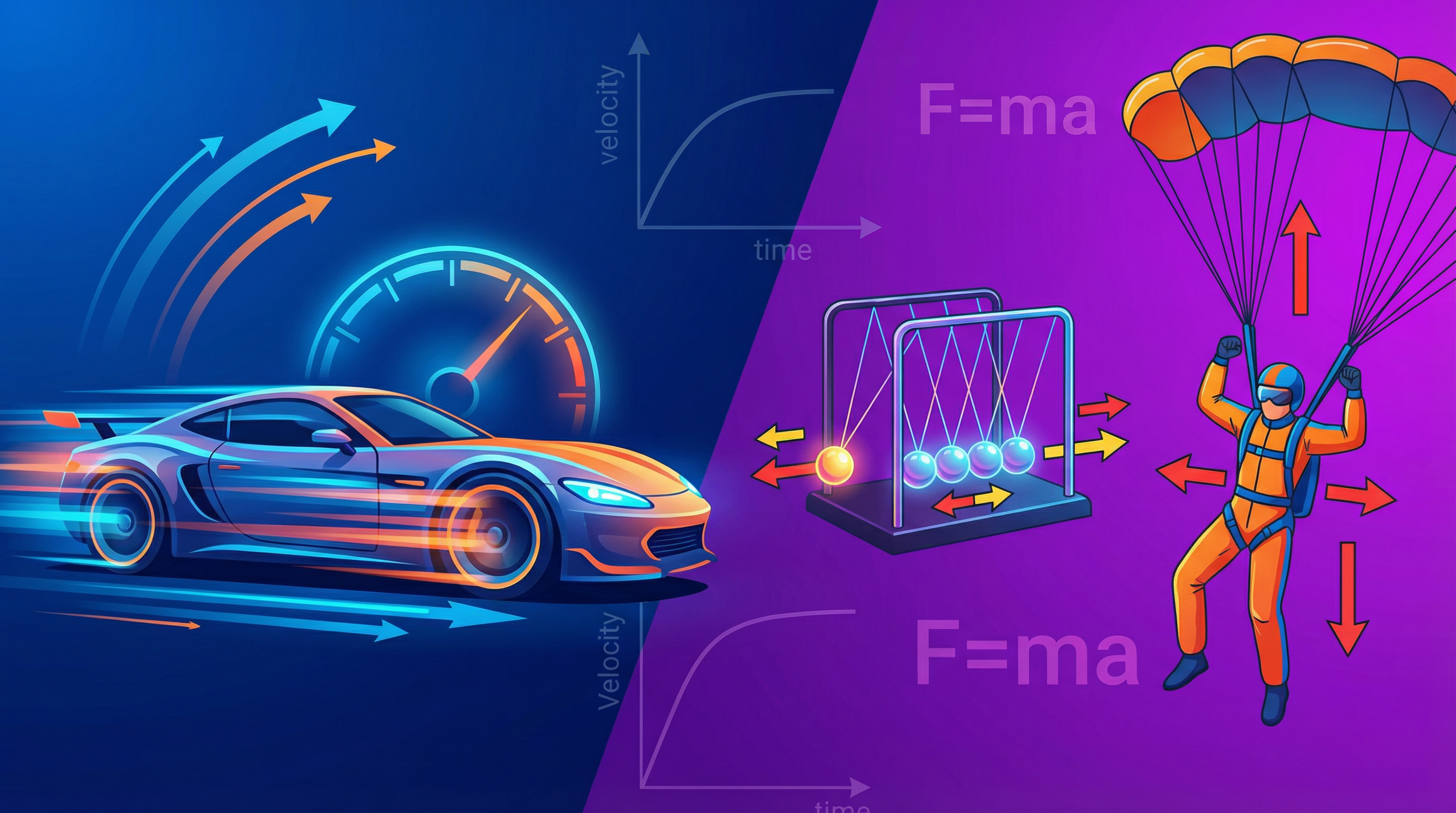 An illustration depicting key concepts of motion and forces.