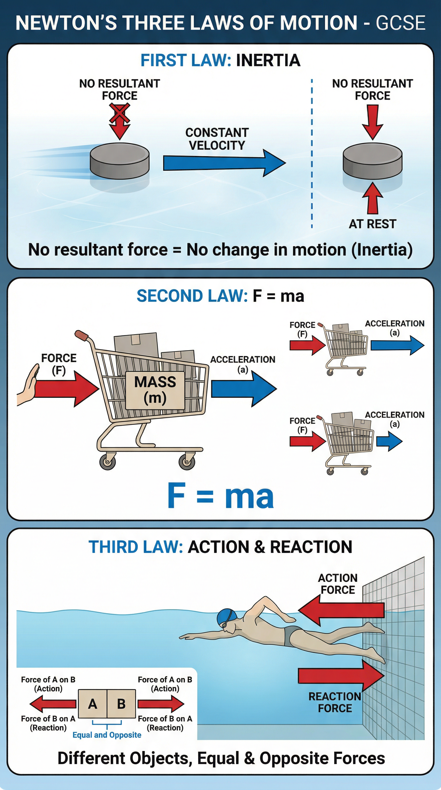 Newton's Three Laws of Motion explained visually.
