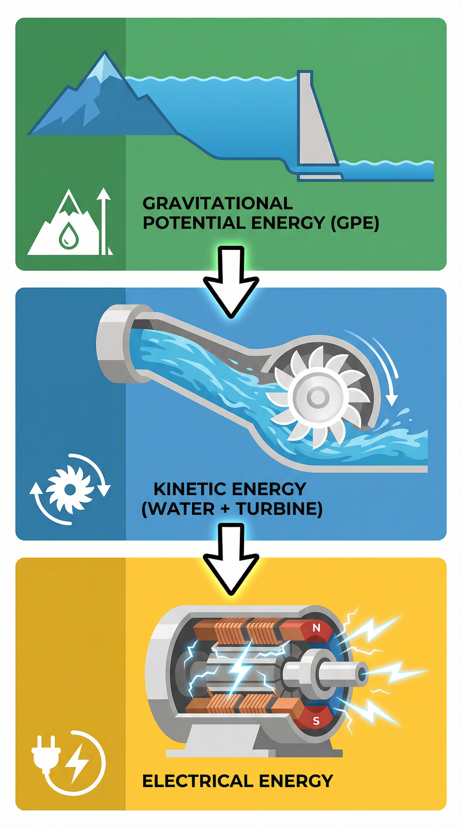 The energy transfer chain: from Gravitational Potential Energy to Kinetic Energy to Electrical Energy.