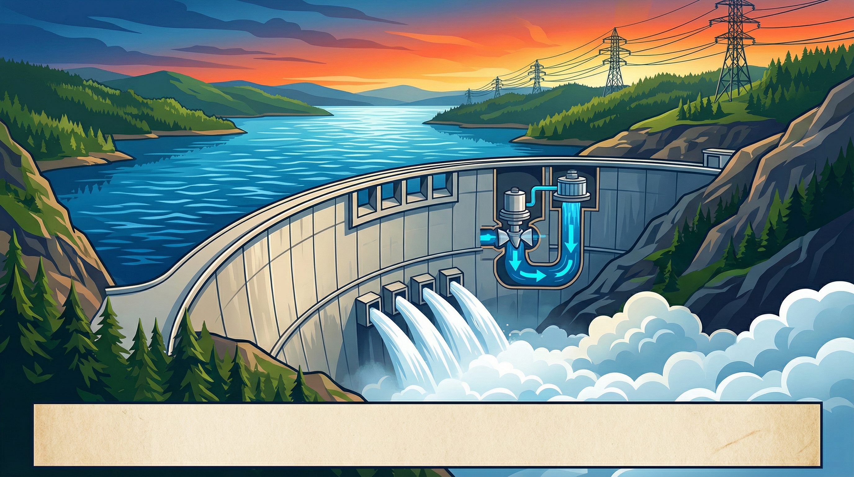 A stylised illustration of a hydroelectric dam, showing the reservoir, dam wall, and turbine outflows.
