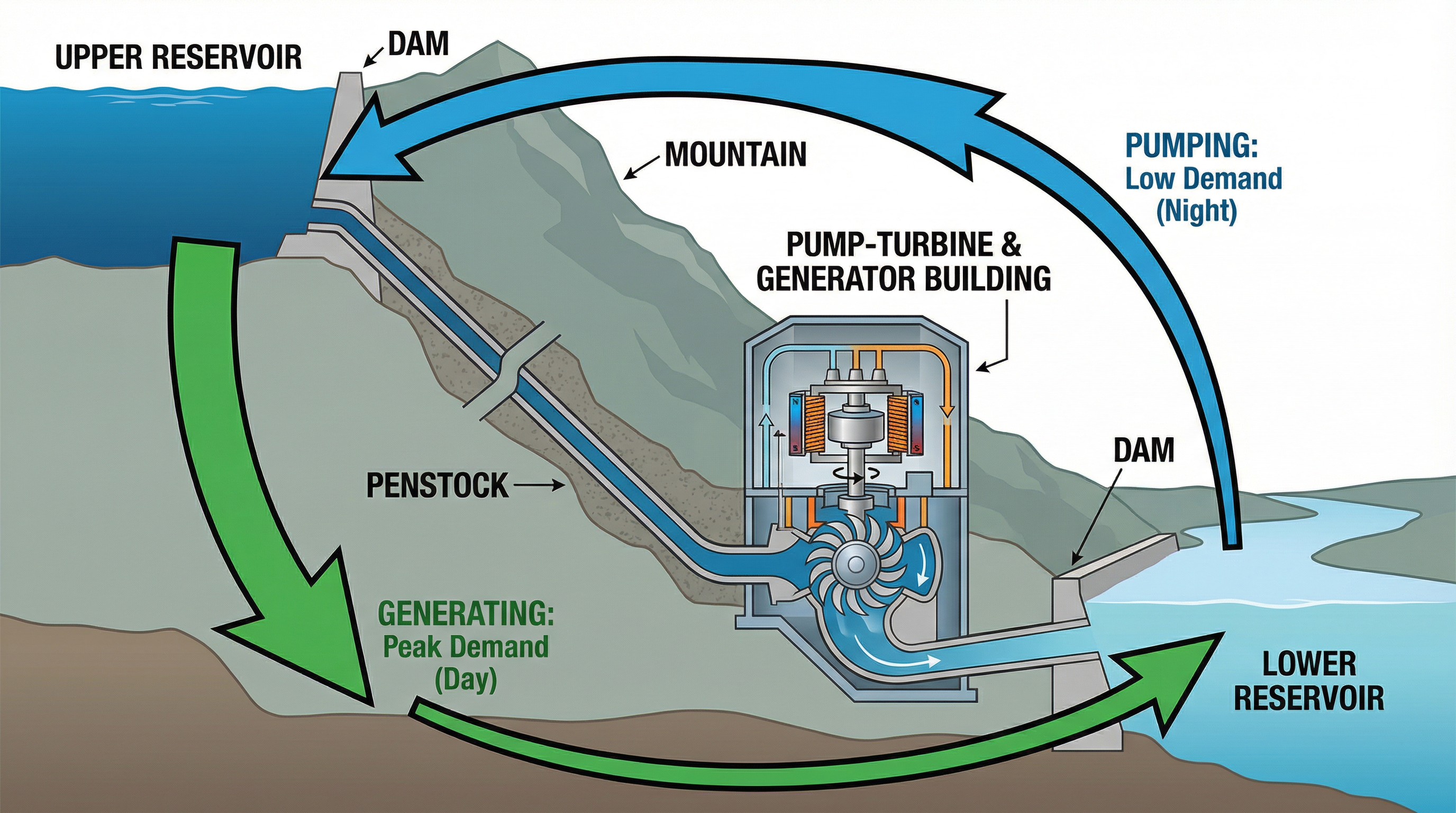 The pumped storage cycle: pumping up during low demand and generating during high demand.