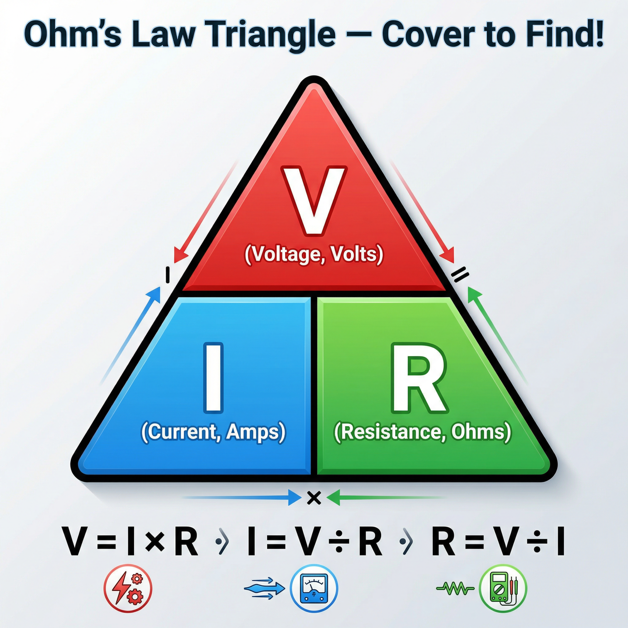 The Ohm's Law (VIR) triangle is a crucial tool for calculations.
